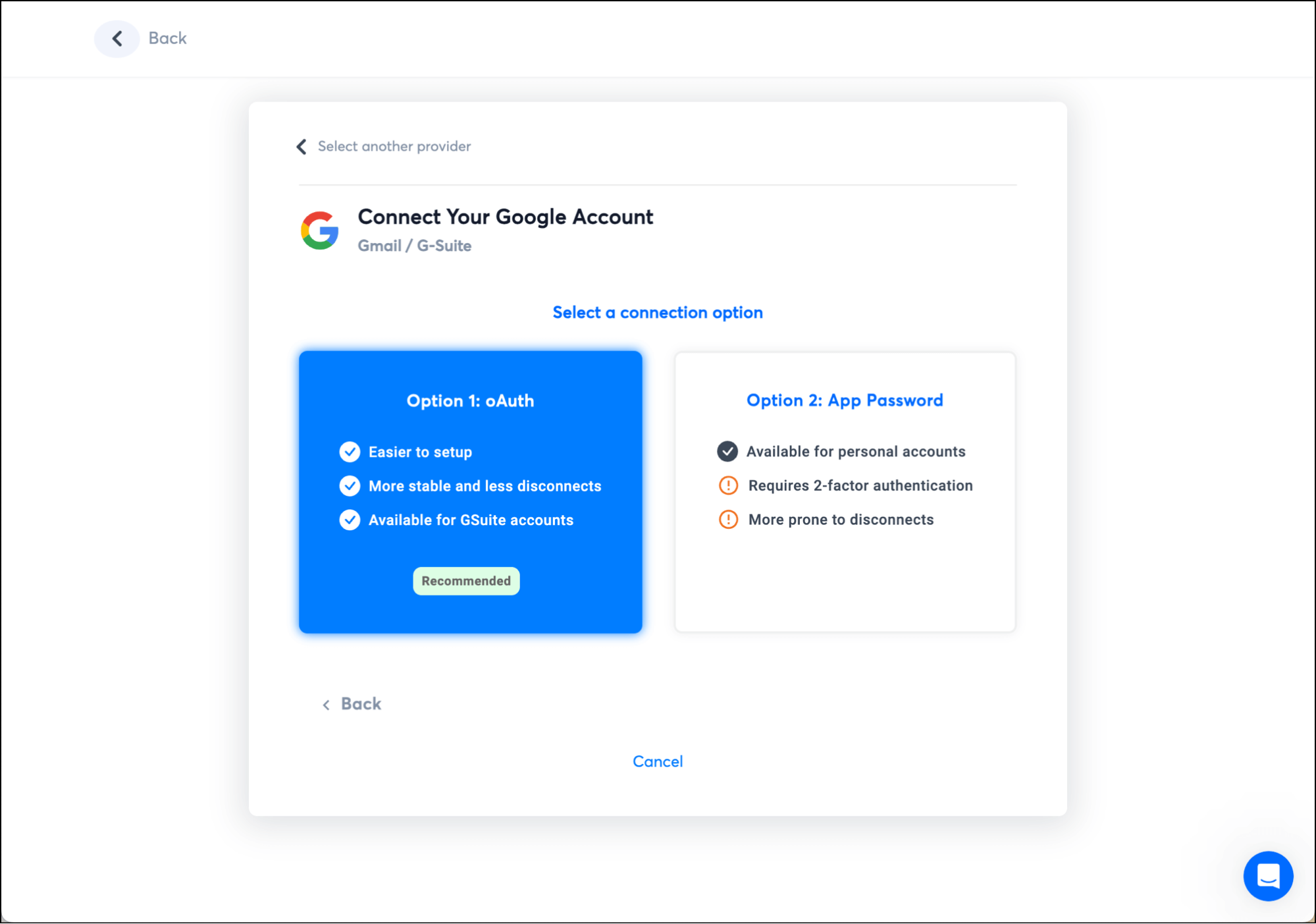 Connection options in Instantly