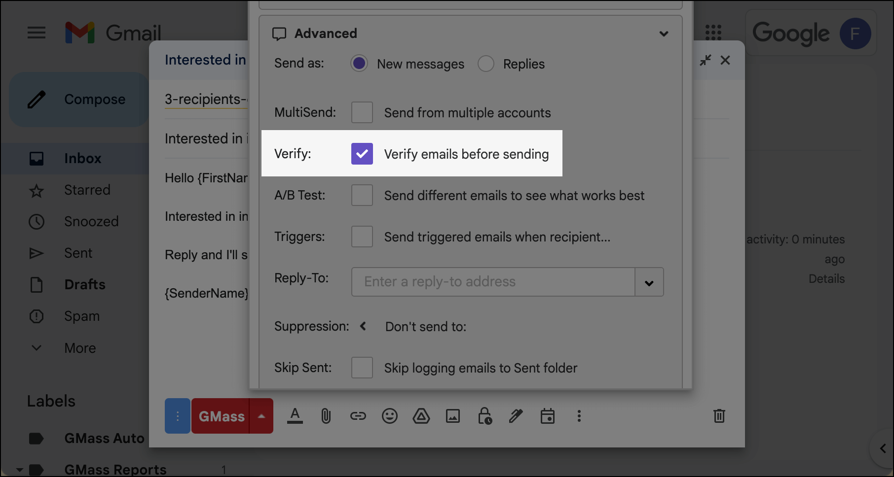 GMass has built-in email verification