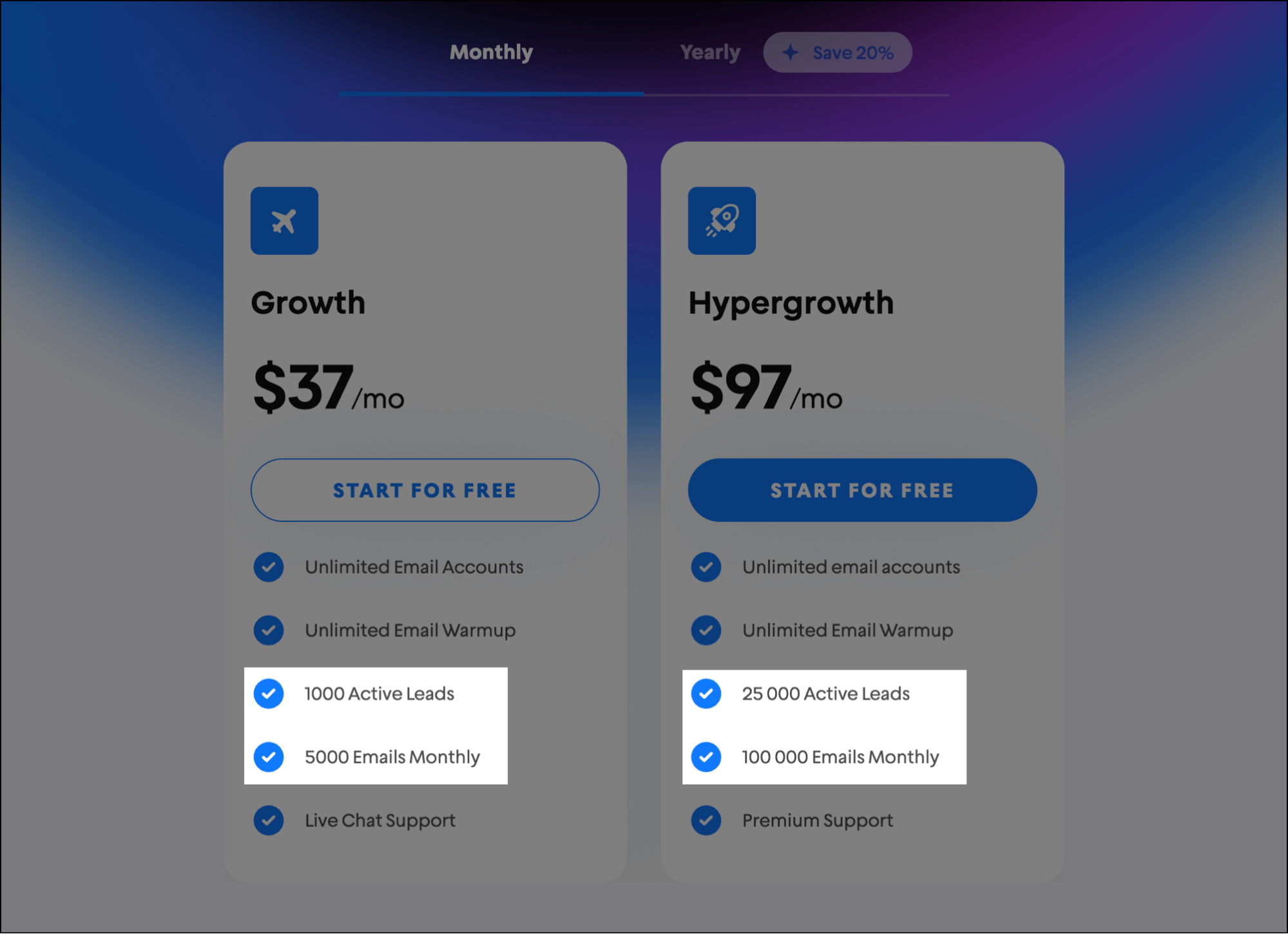 Instantly has caps on contacts and numbers of emails