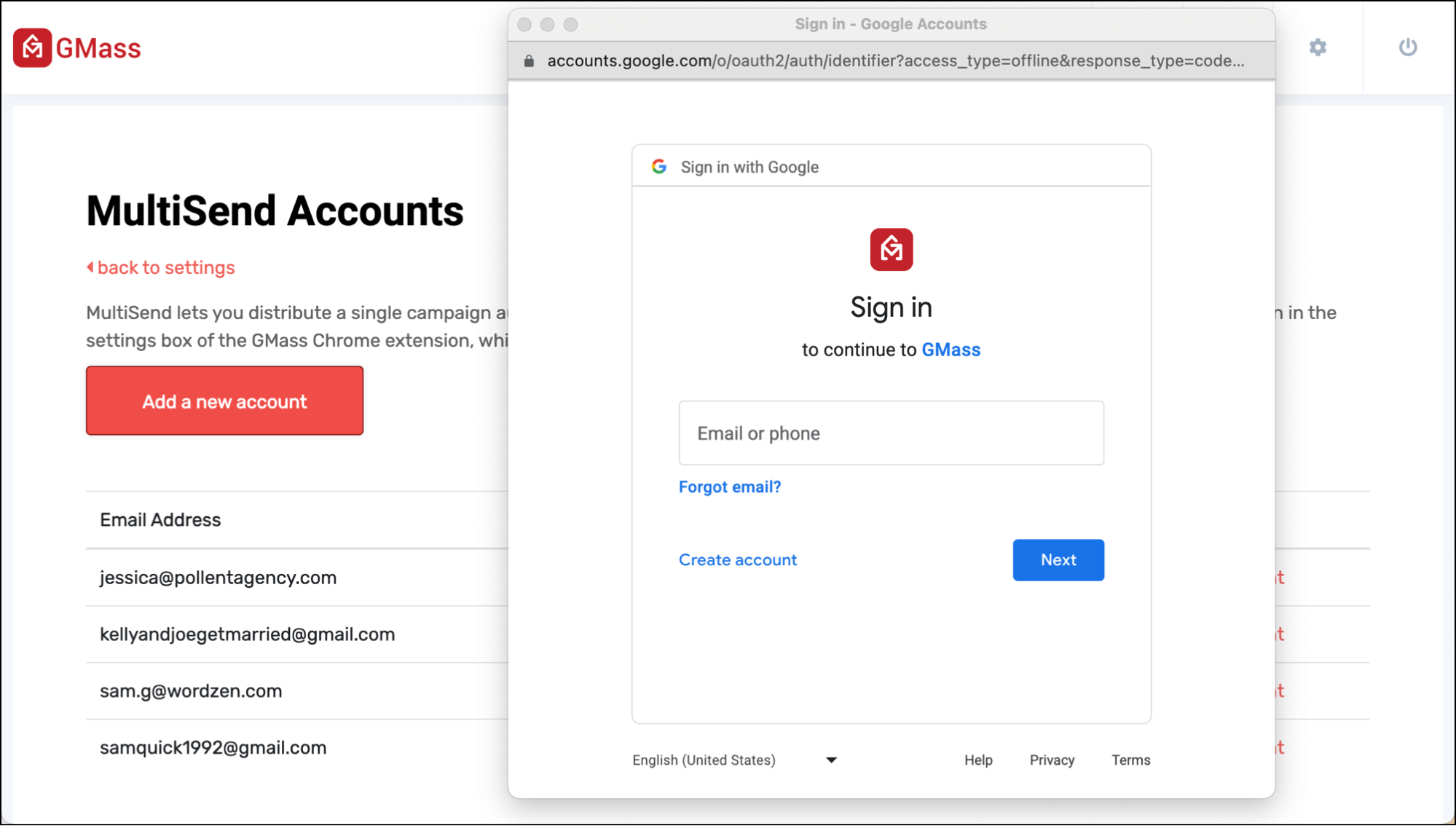 Signing into additional accounts in GMass MultiSend