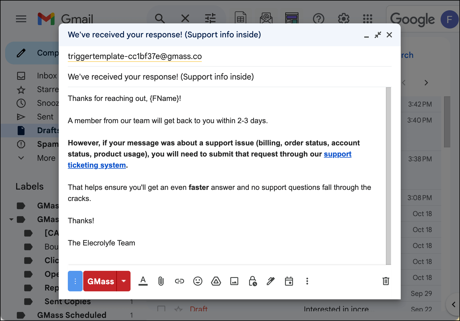 A message redirecting people who reached out to support