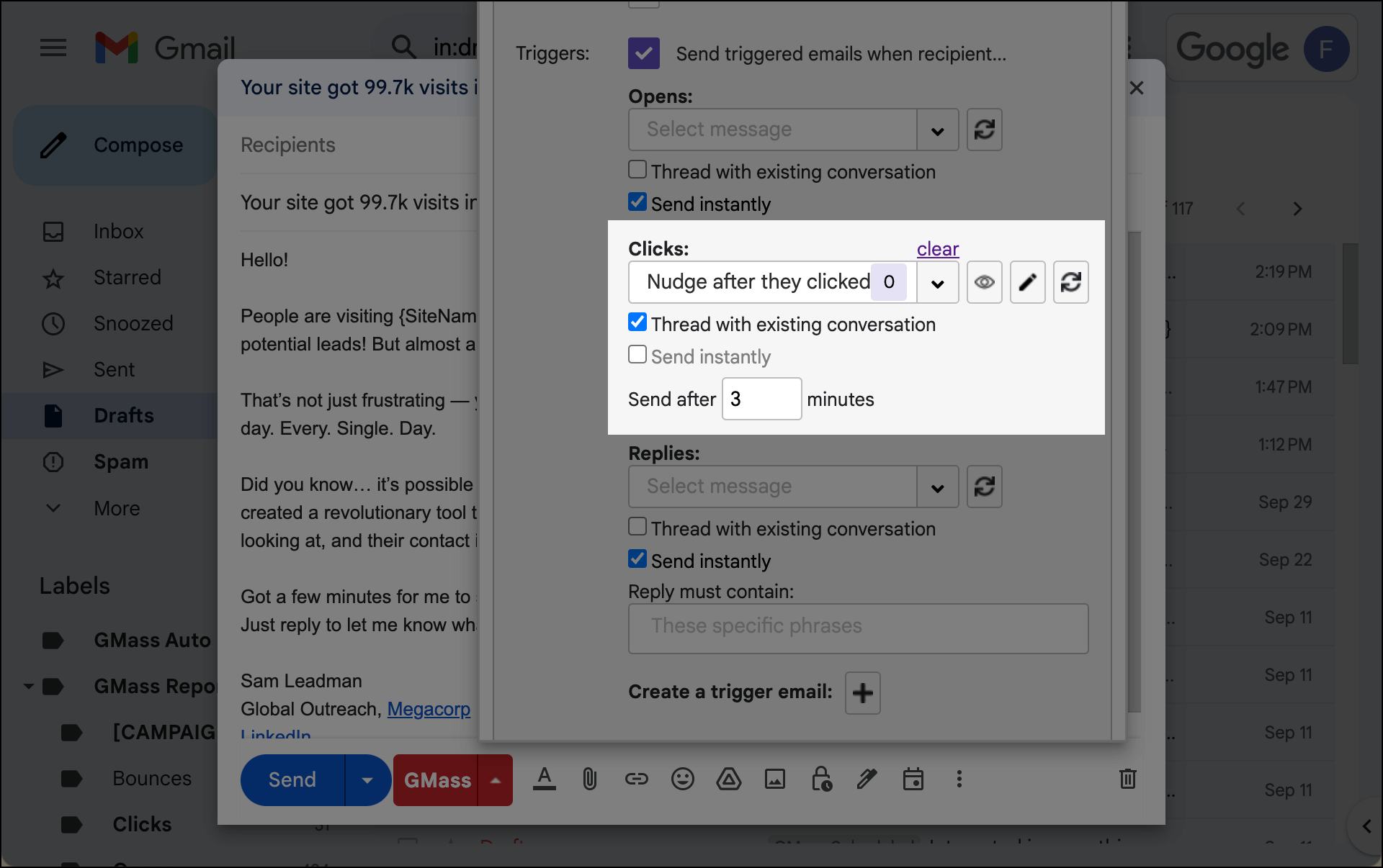 Trigger settings that activate on click