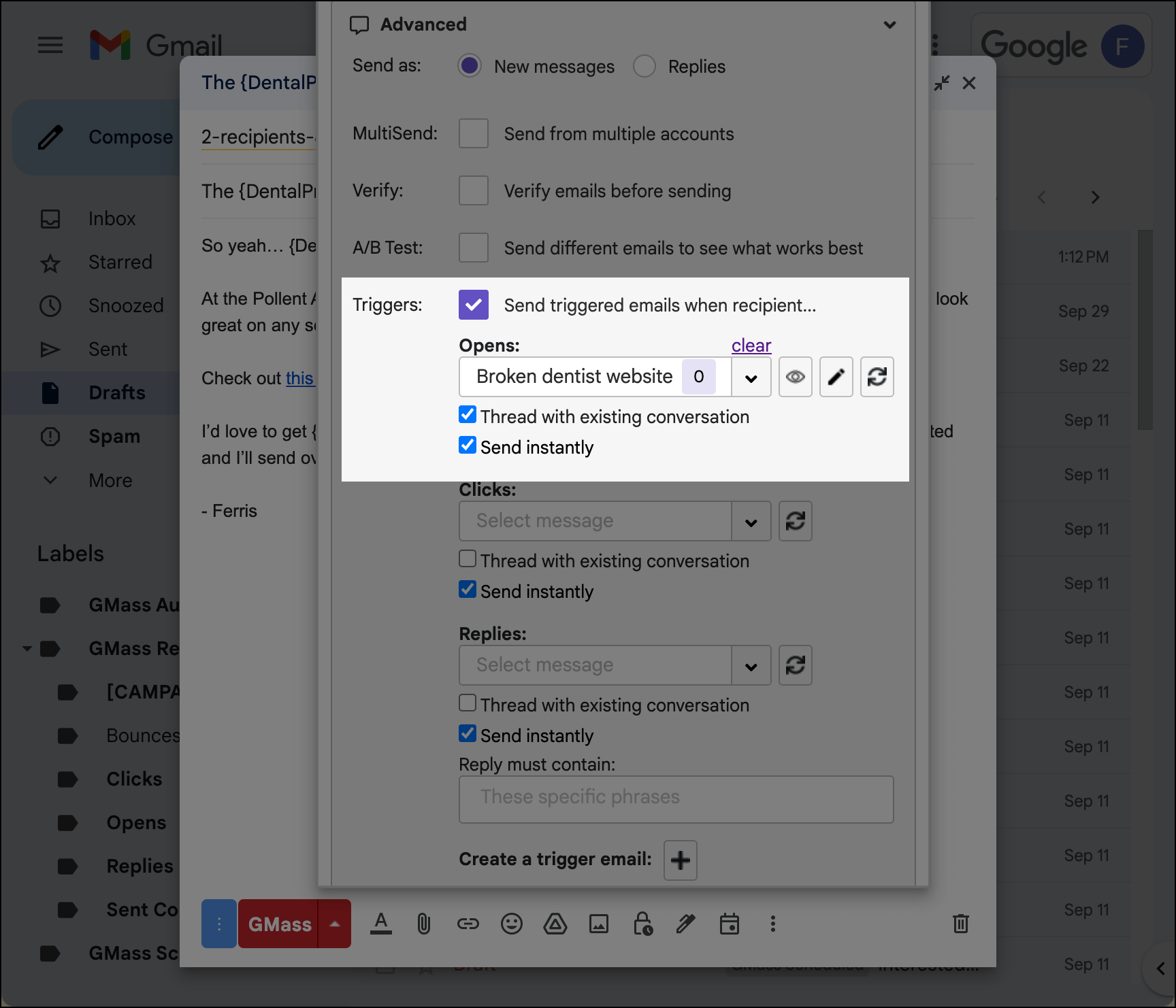 Trigger settings to send a message on open