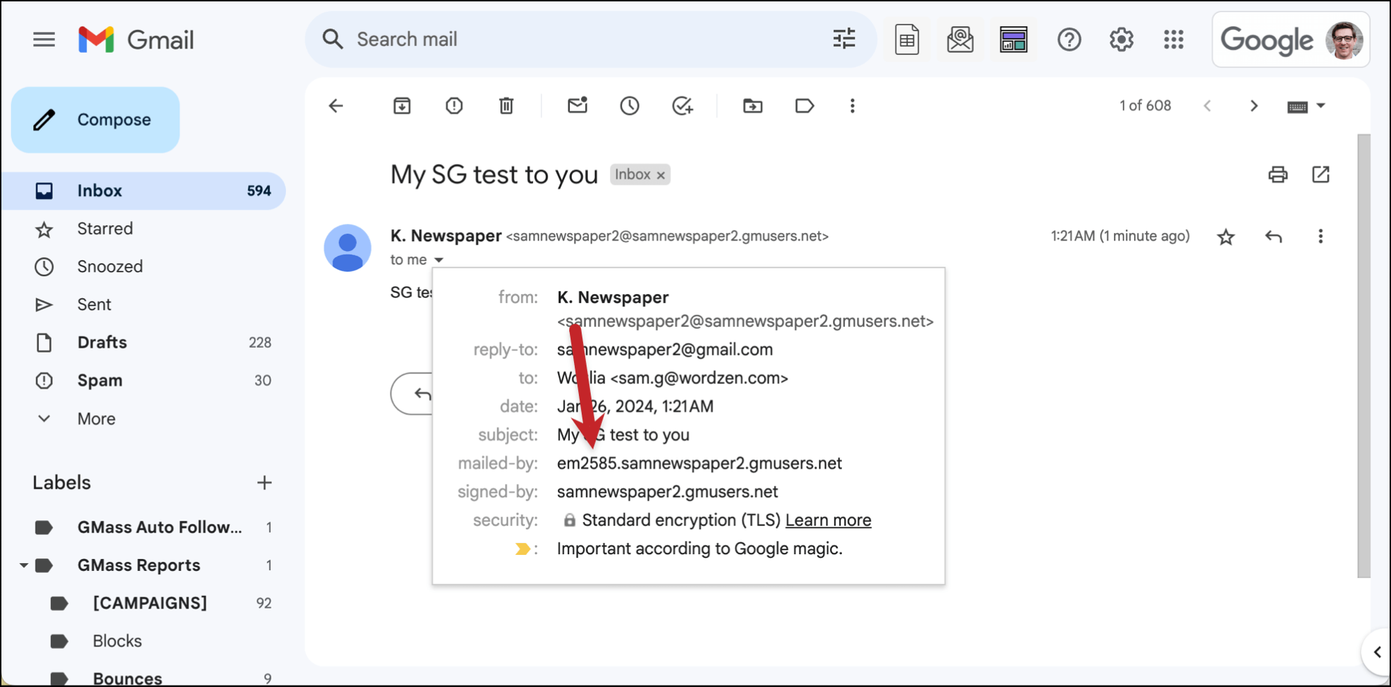 Notice the SendGrid server involved