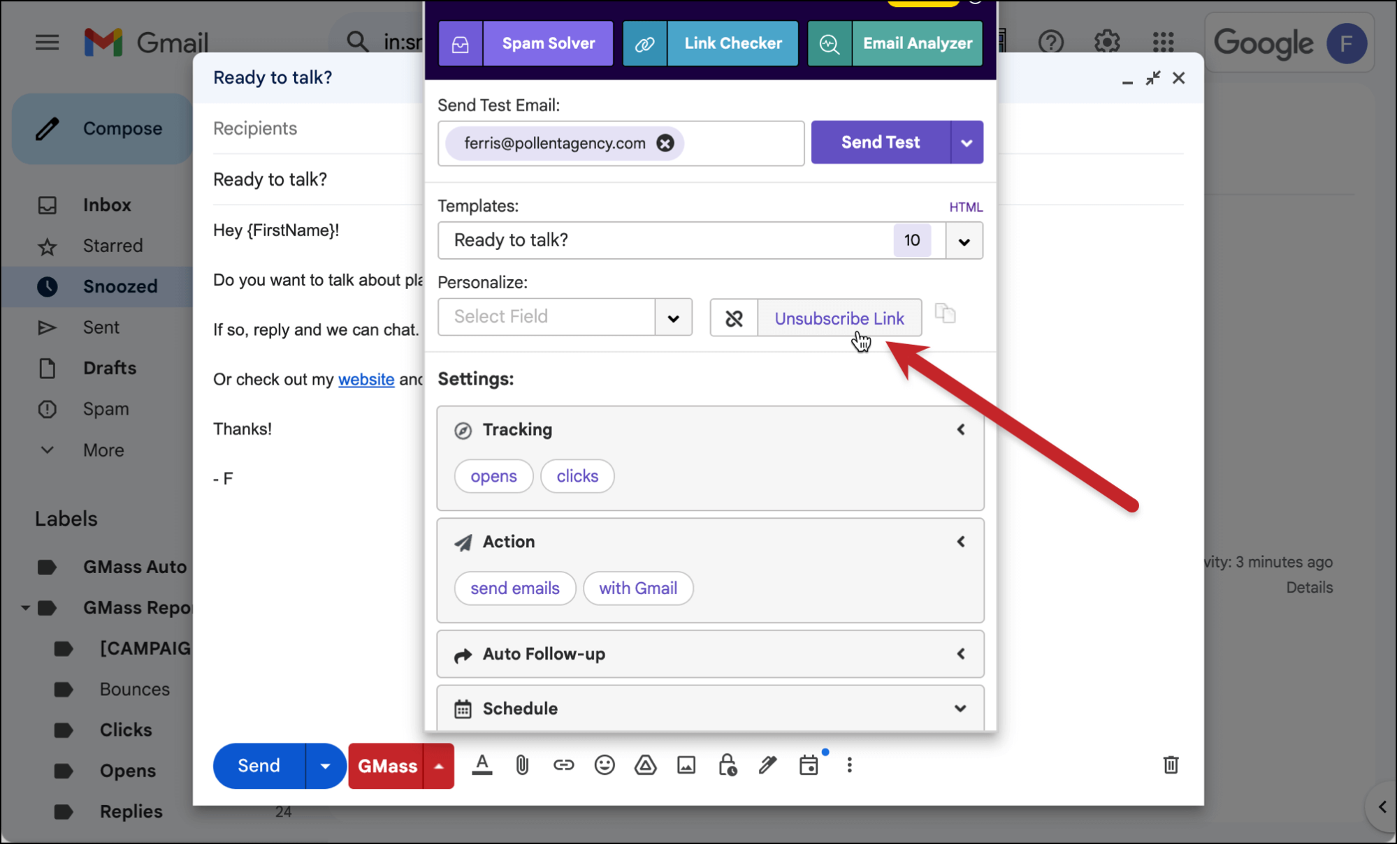The GMass settings panel open inside a Gmail compose window