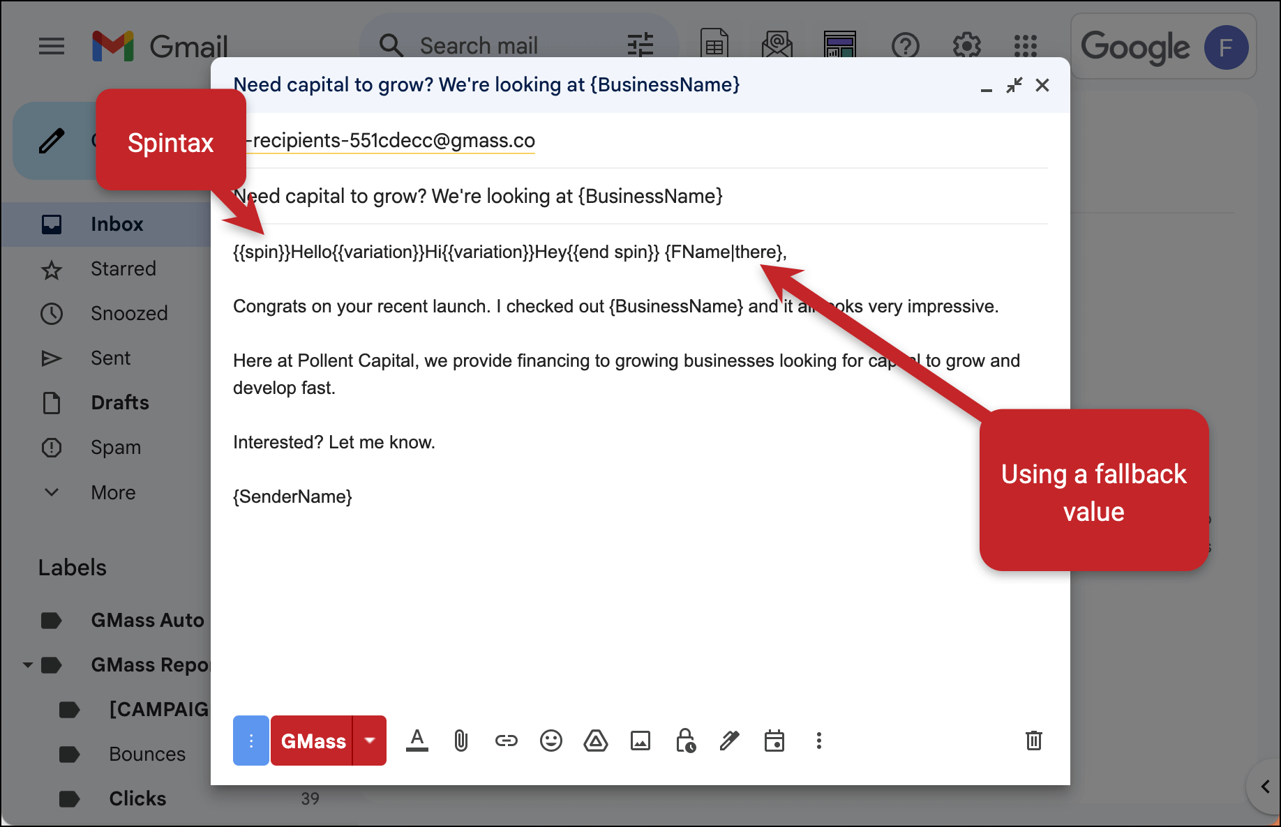 Using spintax, mail merge, and fallback values in GMass