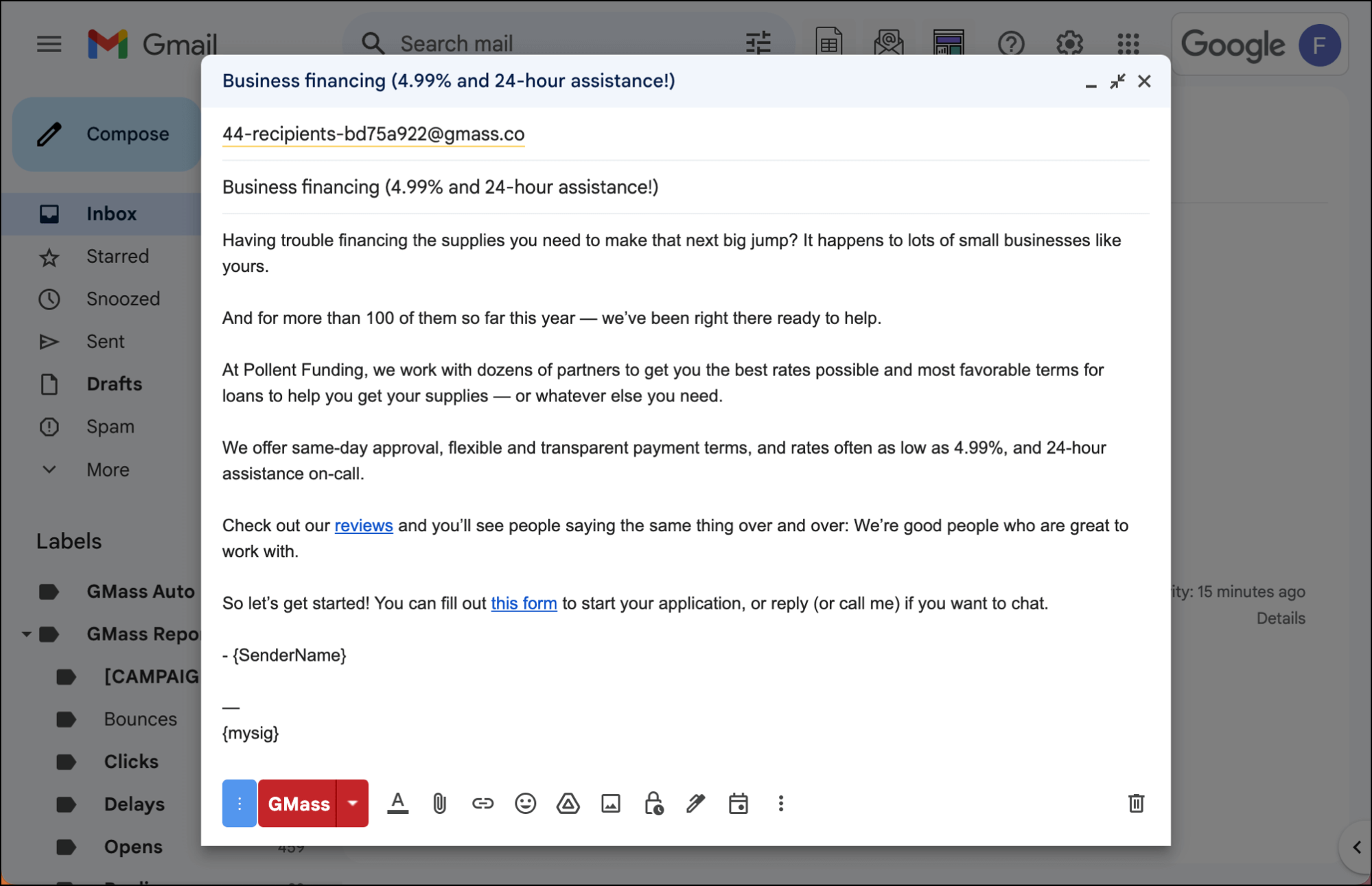 A financing loan outreach template that justifies why you