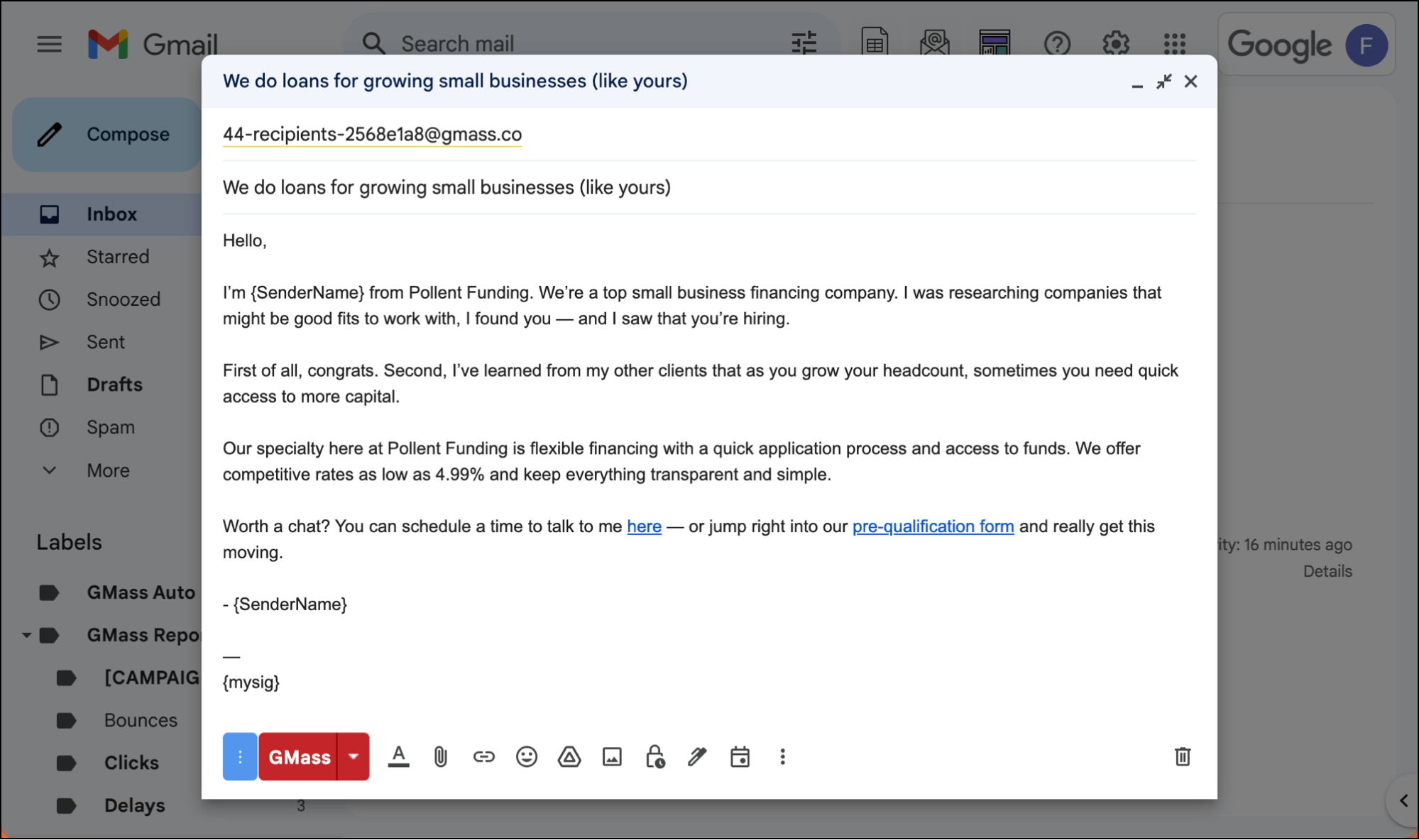Small business loan cold email template with personalization at scale