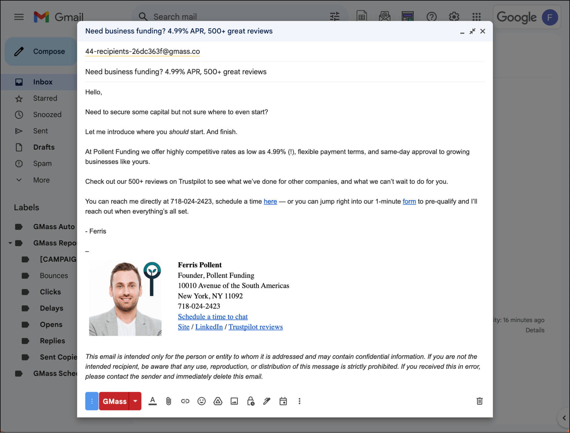 Template of a business loan cold email with trust signals