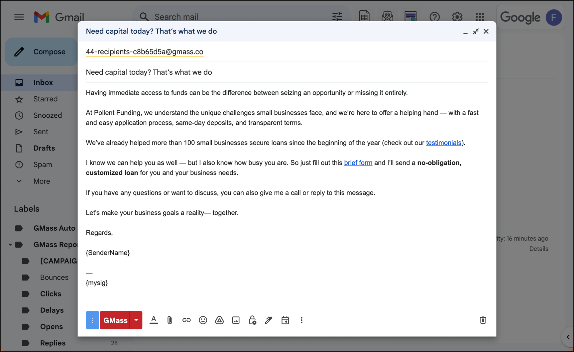 Template of a business loan cold email with link options