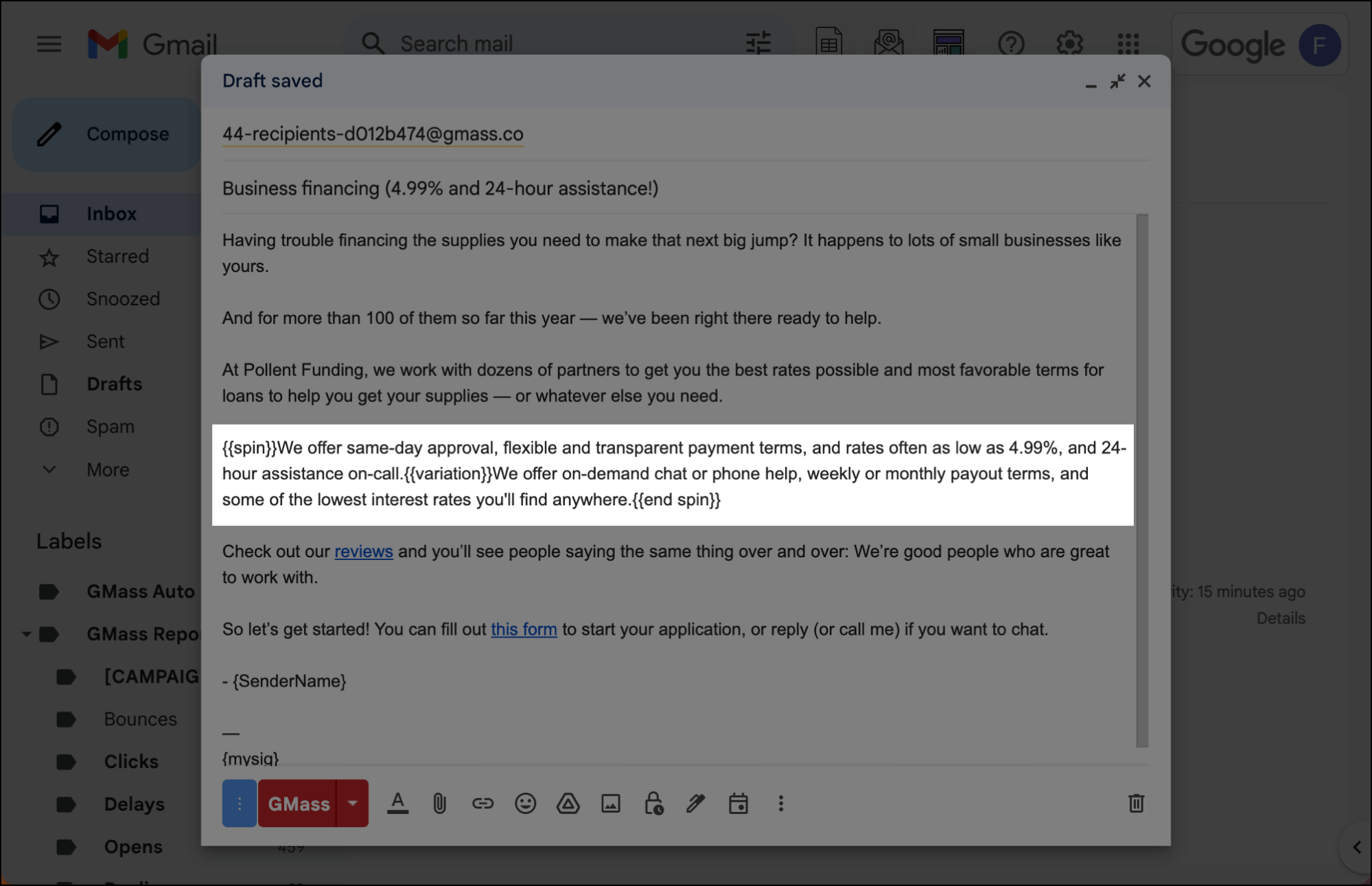 Using spintax for A/B testing in GMass