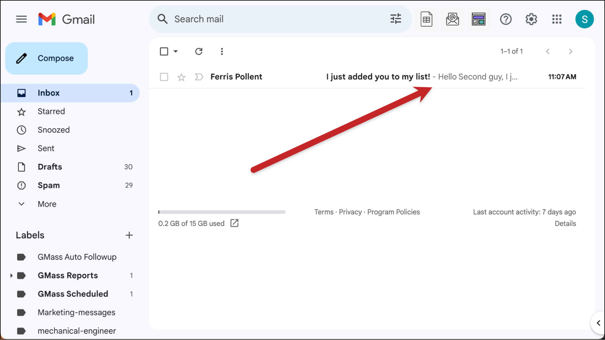 Here's the email in the inbox