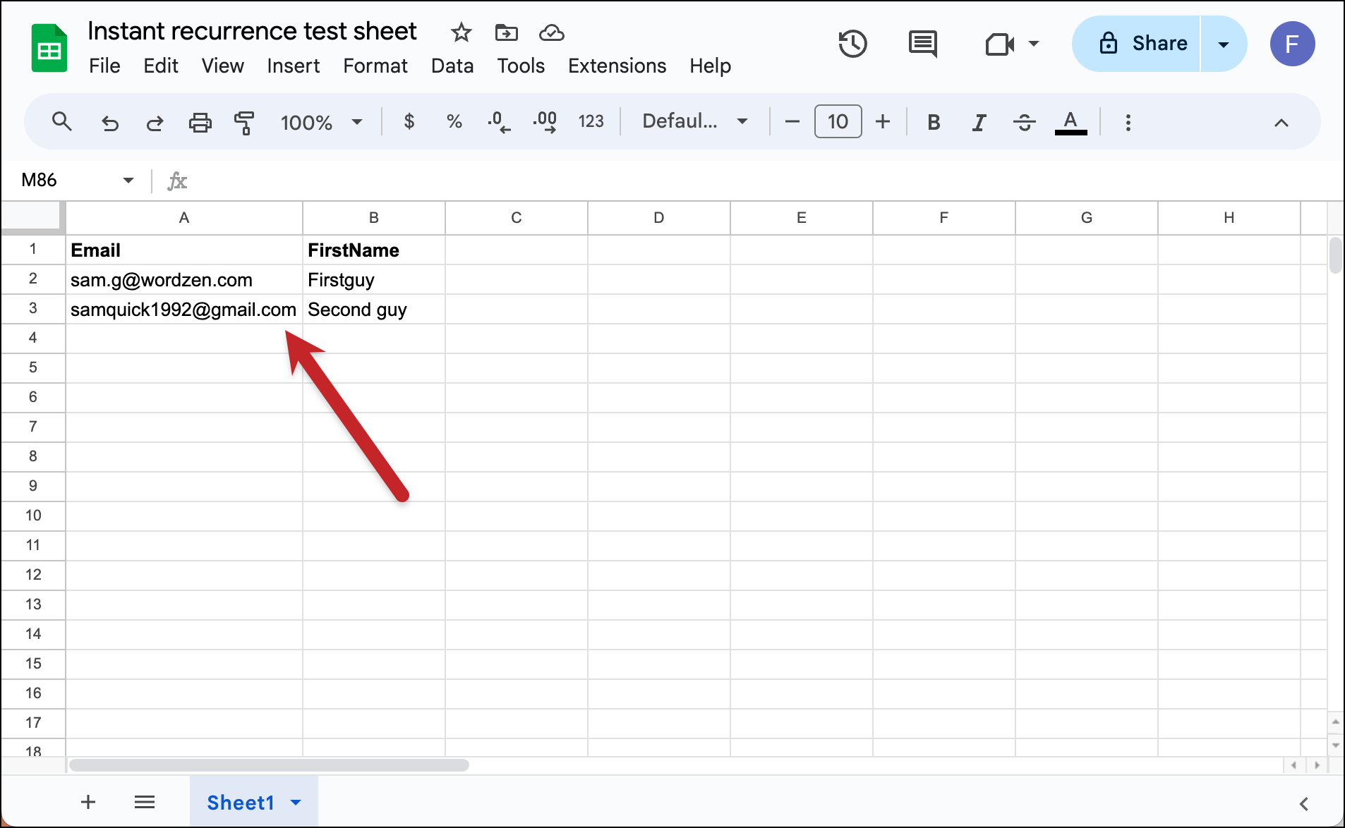 Add another row to your Google Sheet to test
