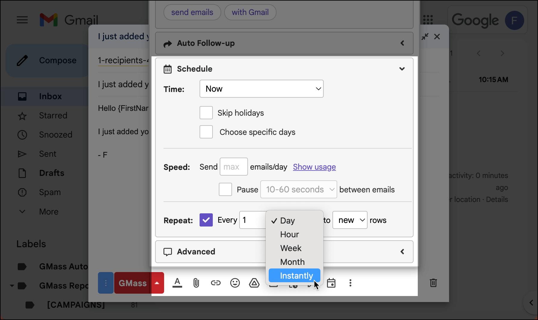 Choose the "instantly" option