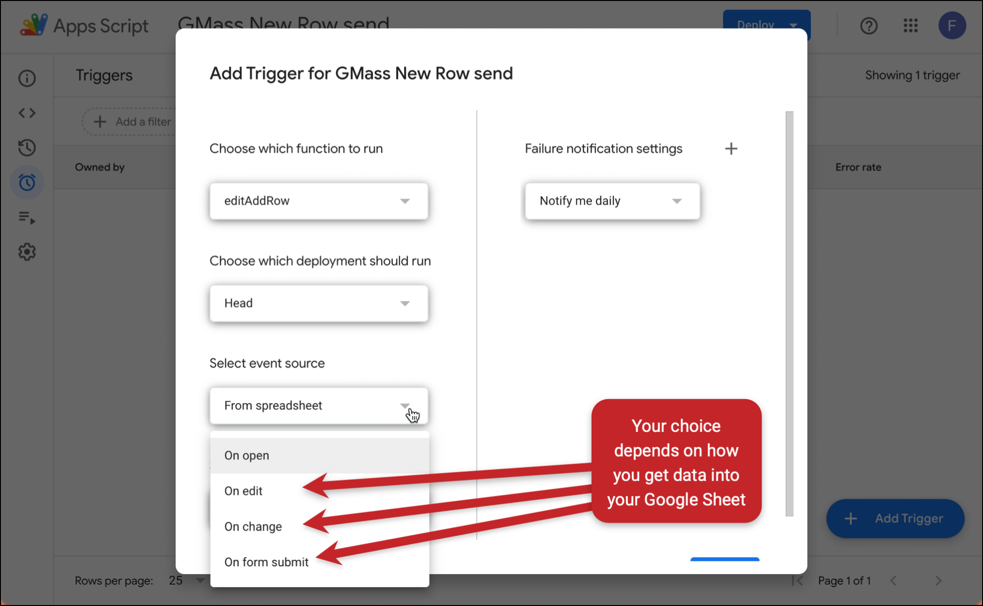Choose the right method based on how you're adding rows to your Google Sheet