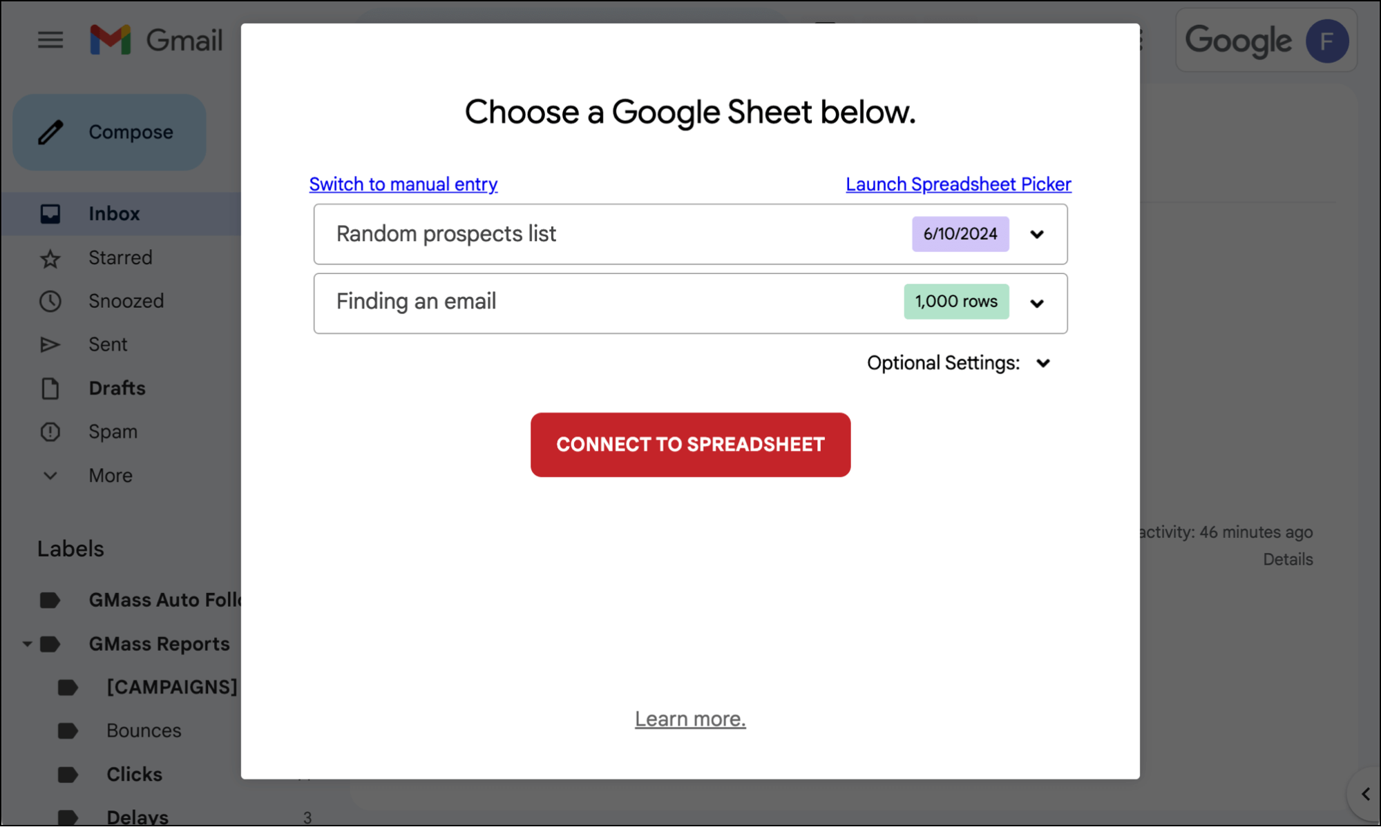 Connecting to the Google Sheet of prospects