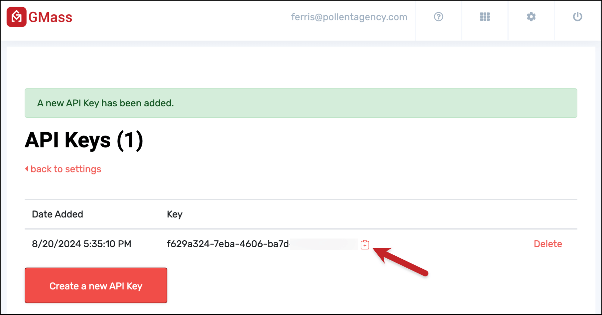 Copying your API key to the clipboard