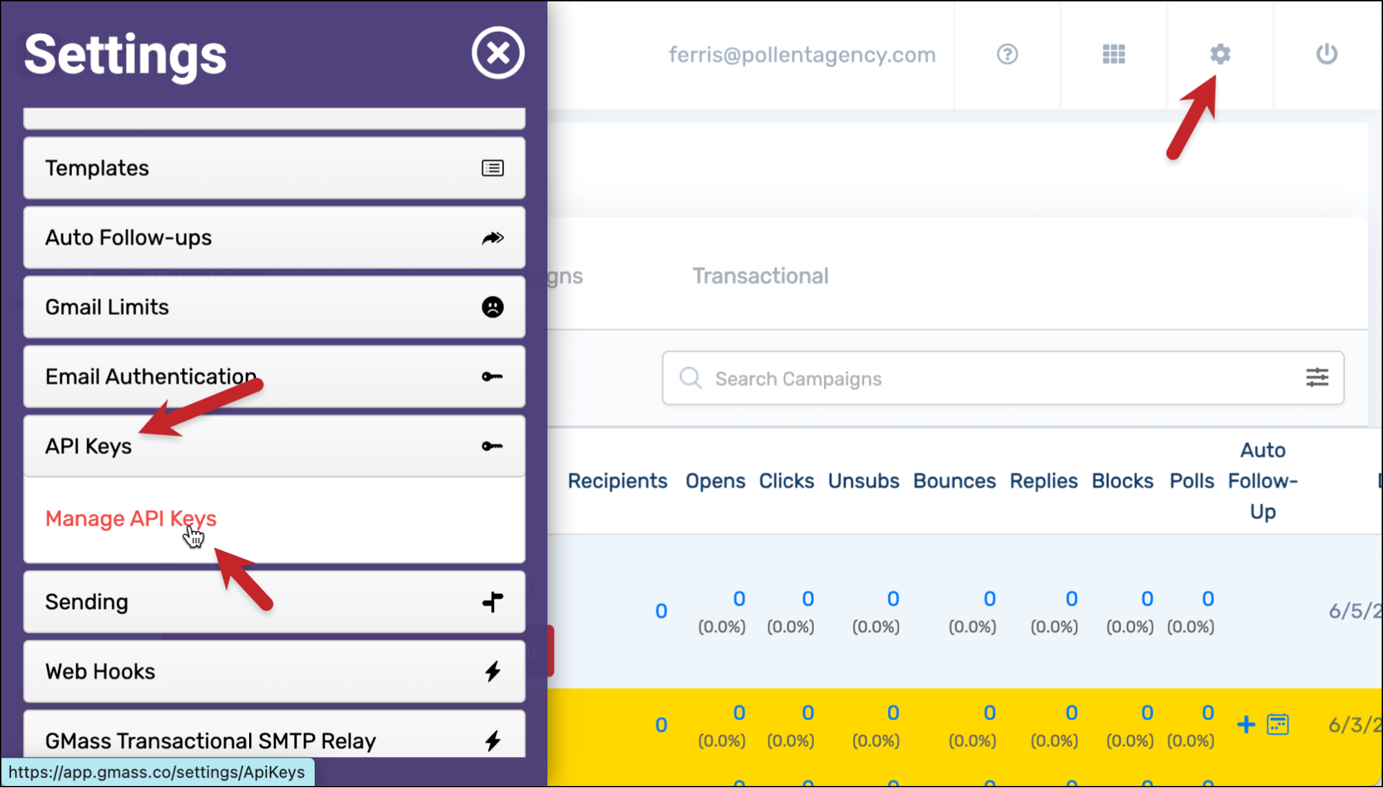 The API keys section of the dashboard