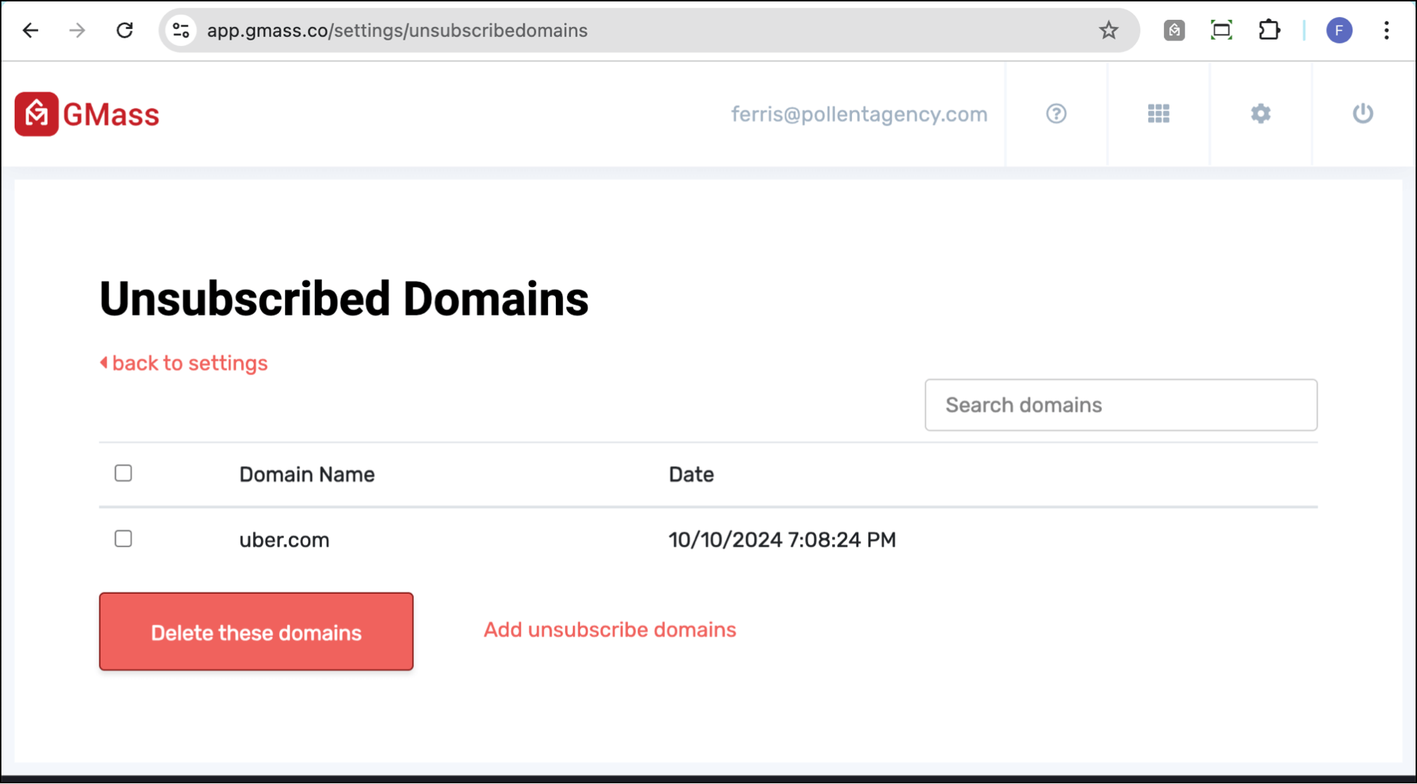 Seeing my unsubscribed domain in the GMass dashboard