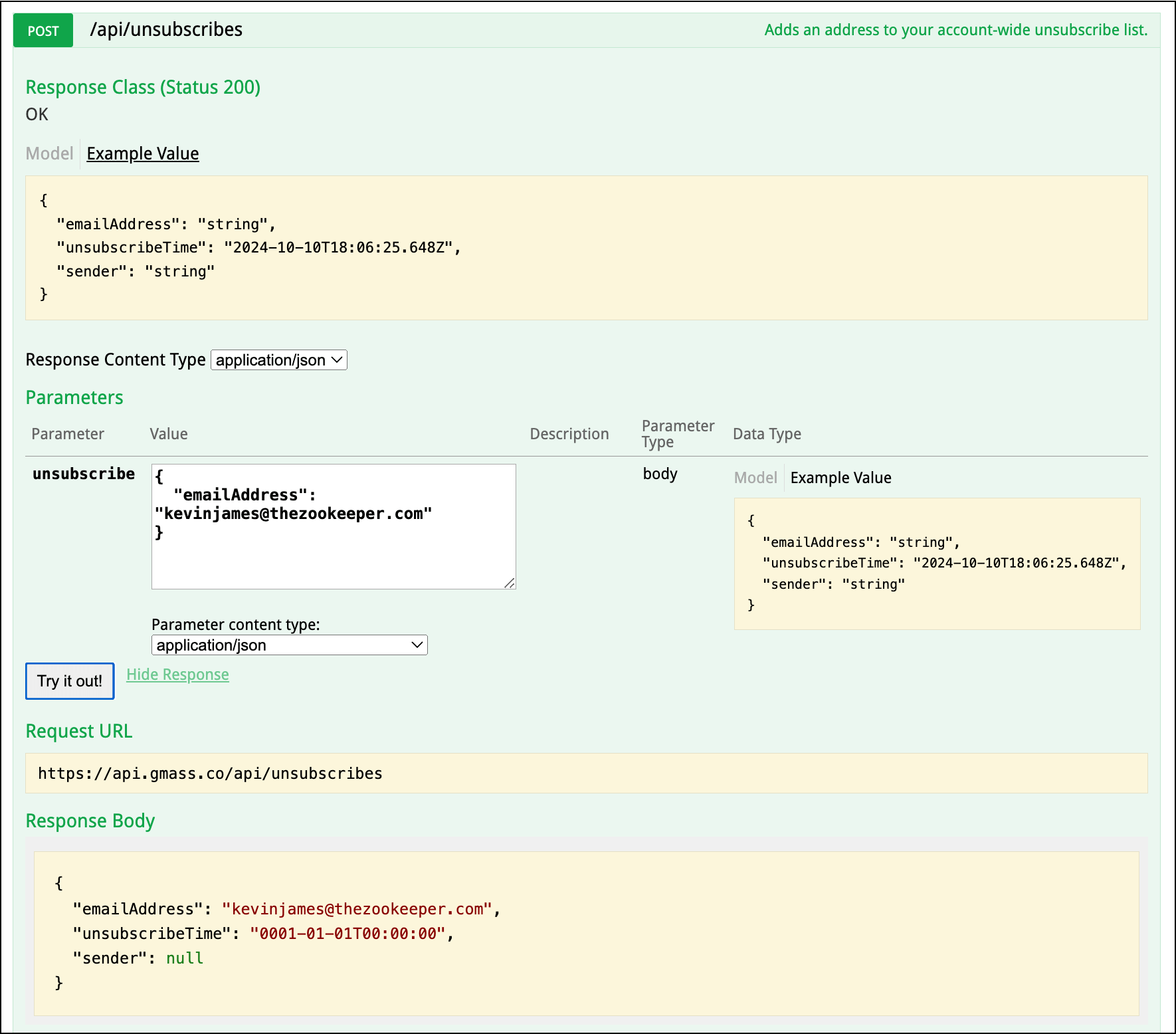 Adding a single email to the unsubscribe list via the GMass API