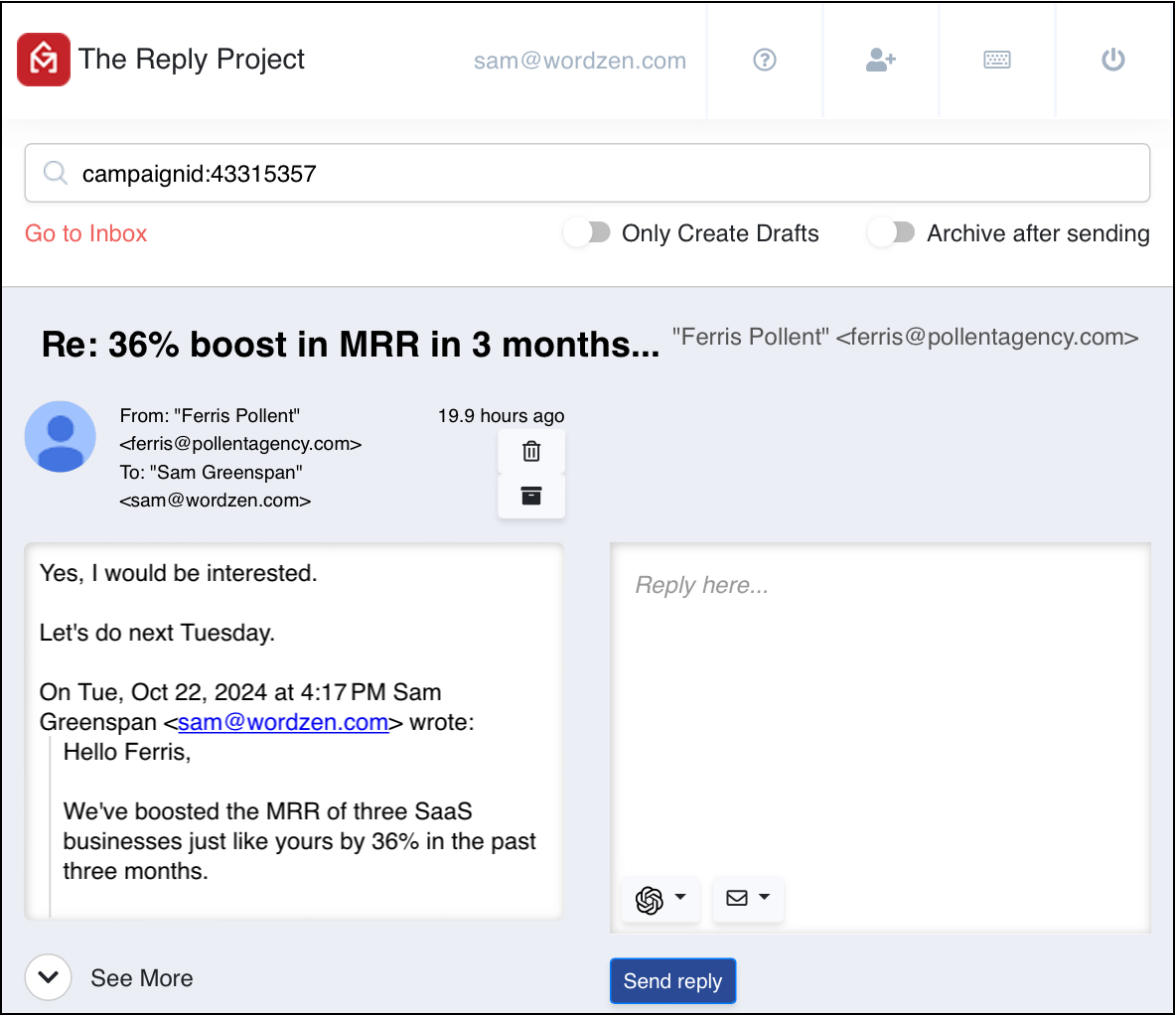 The Reply Project interface