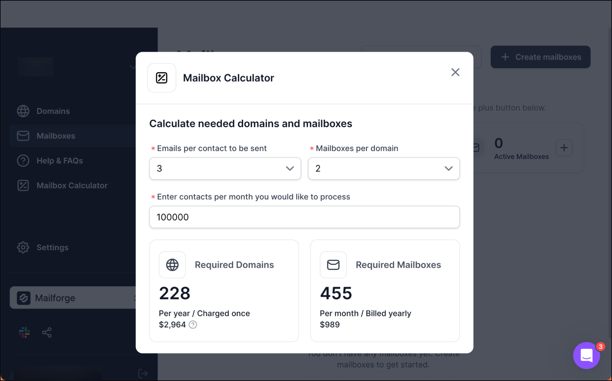 Mailbox calculator in Mailforge