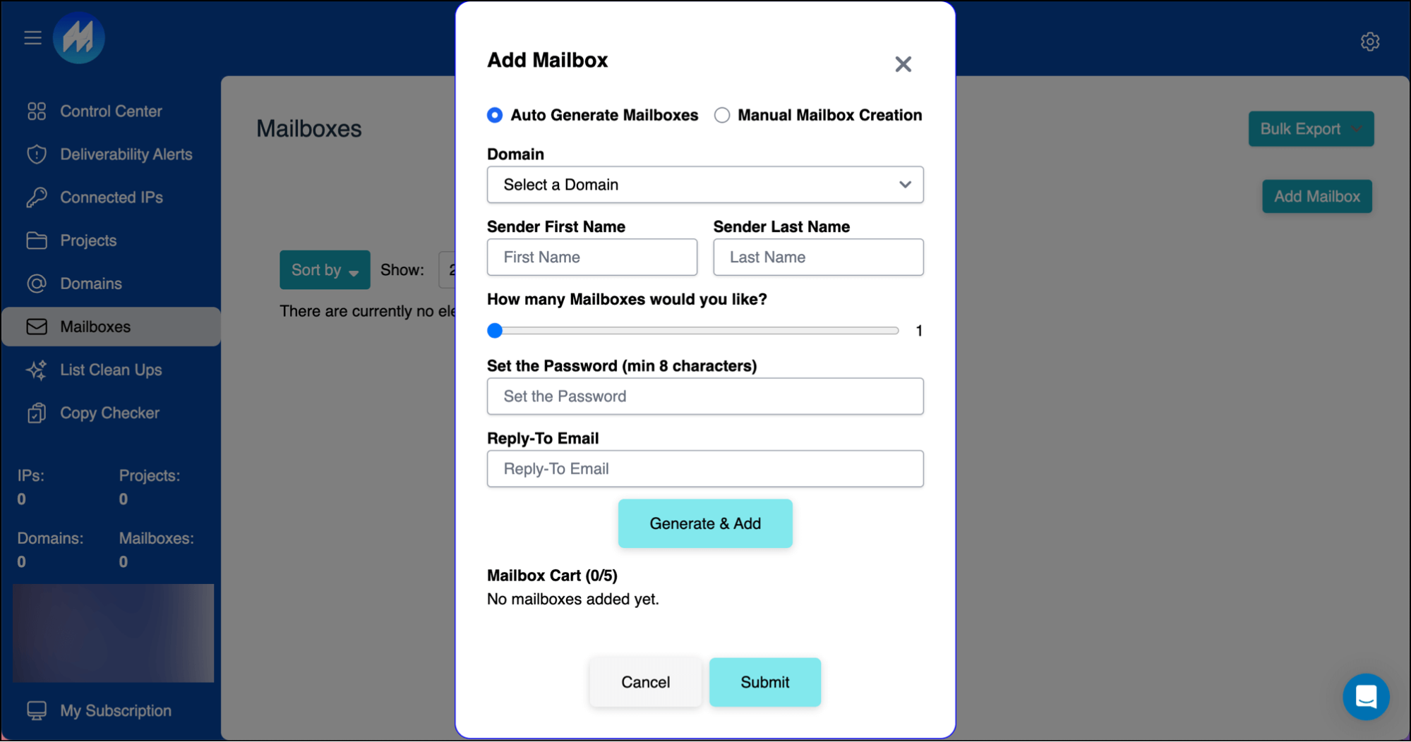 Mission Inbox's add mailbox popup