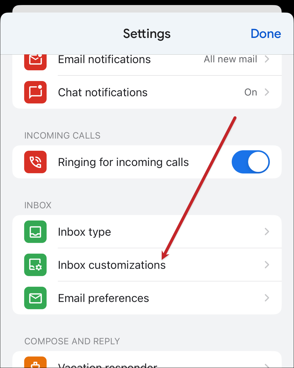 On iOS go to inbox customizations