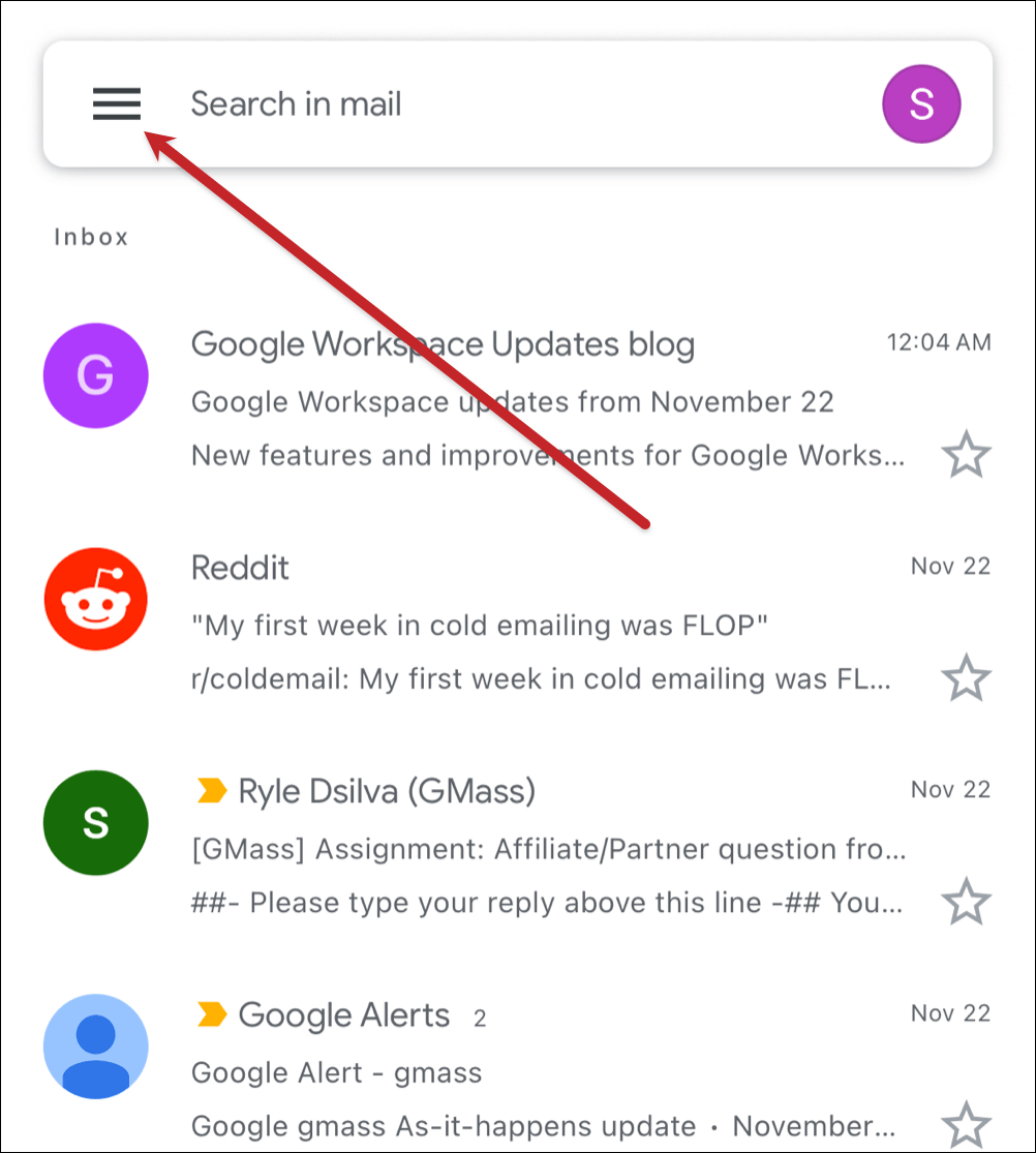 Hamburger menu in mobile Gmail app