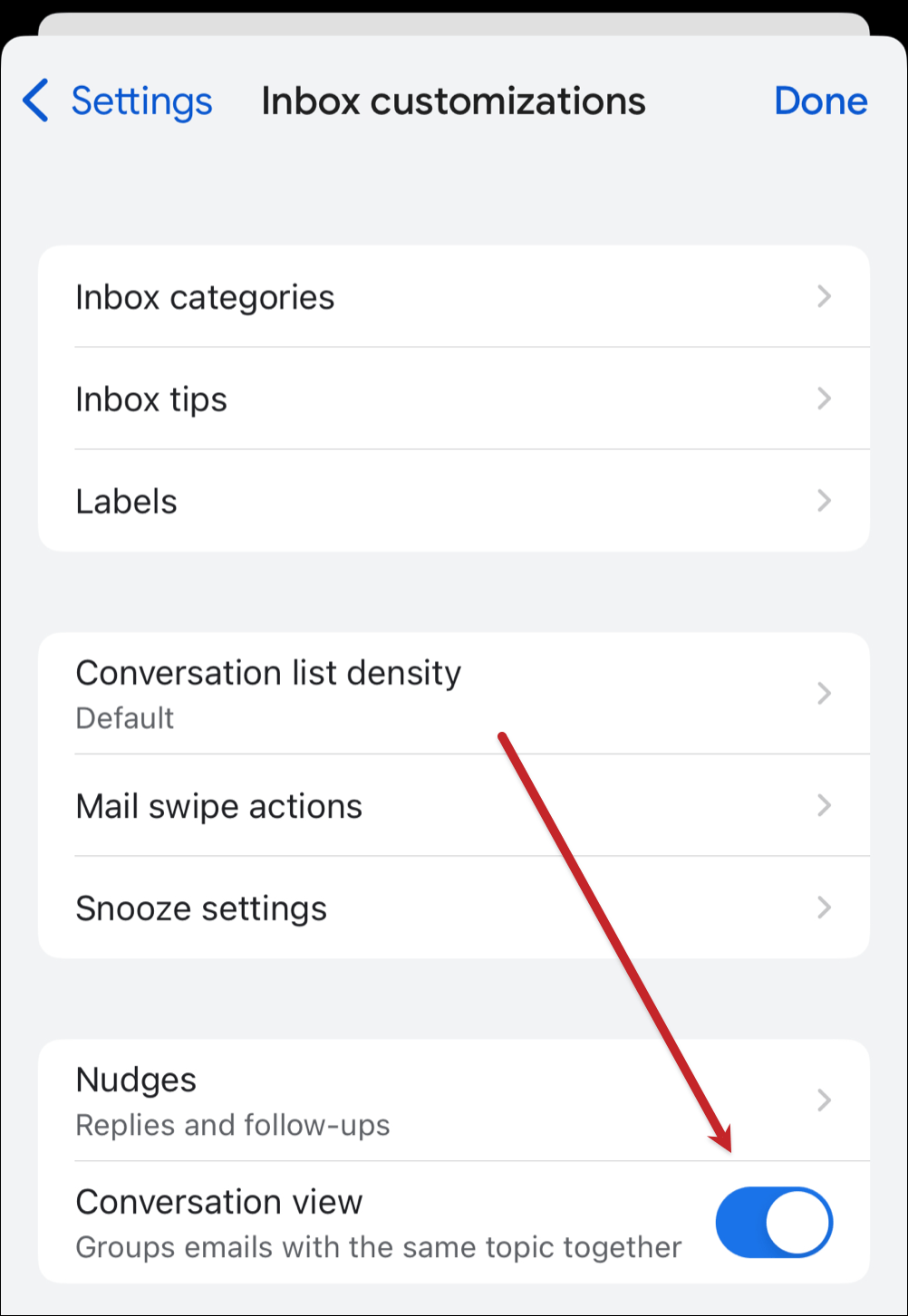 Tap the toggle to turn off conversation view