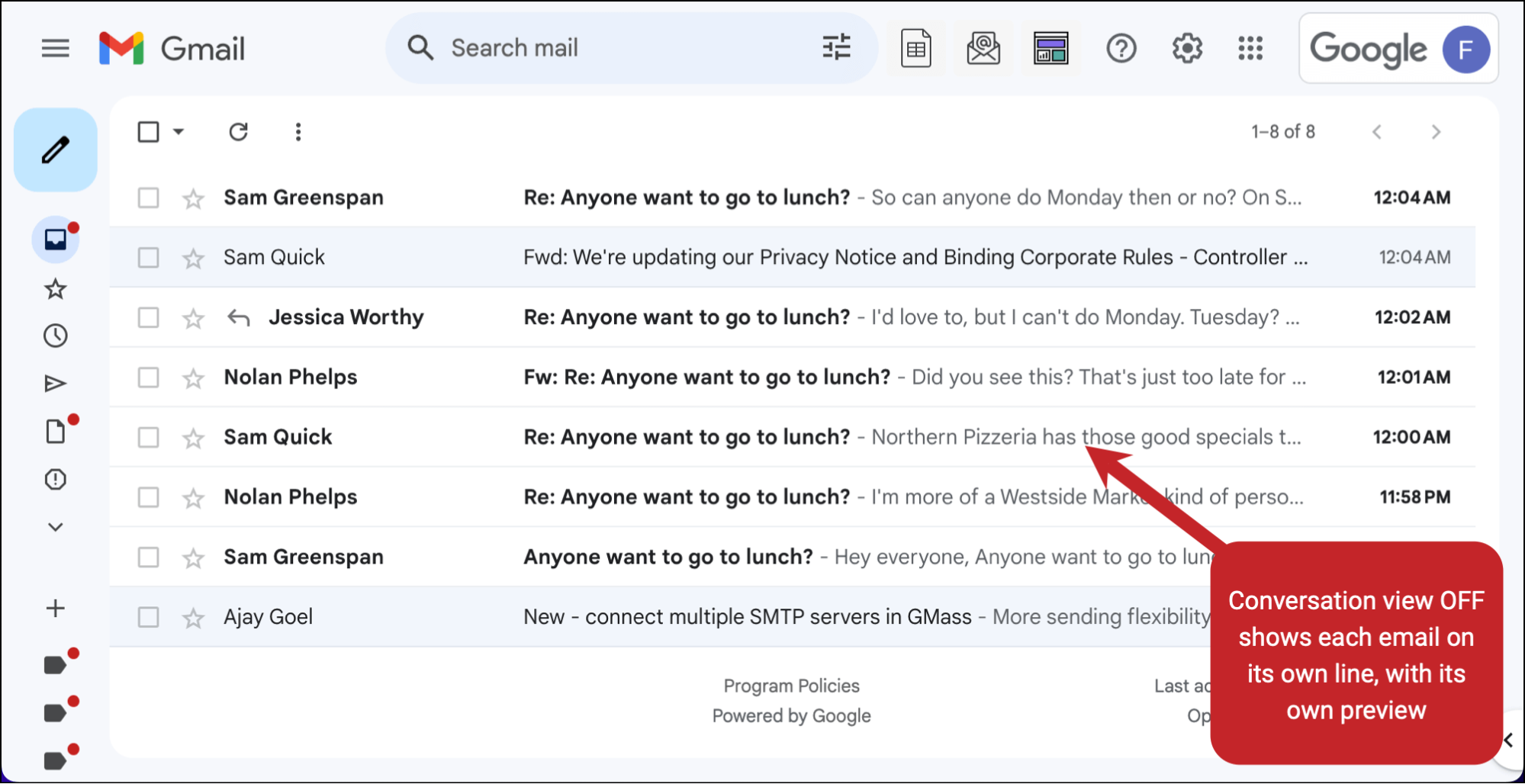 Inbox with conversation view off