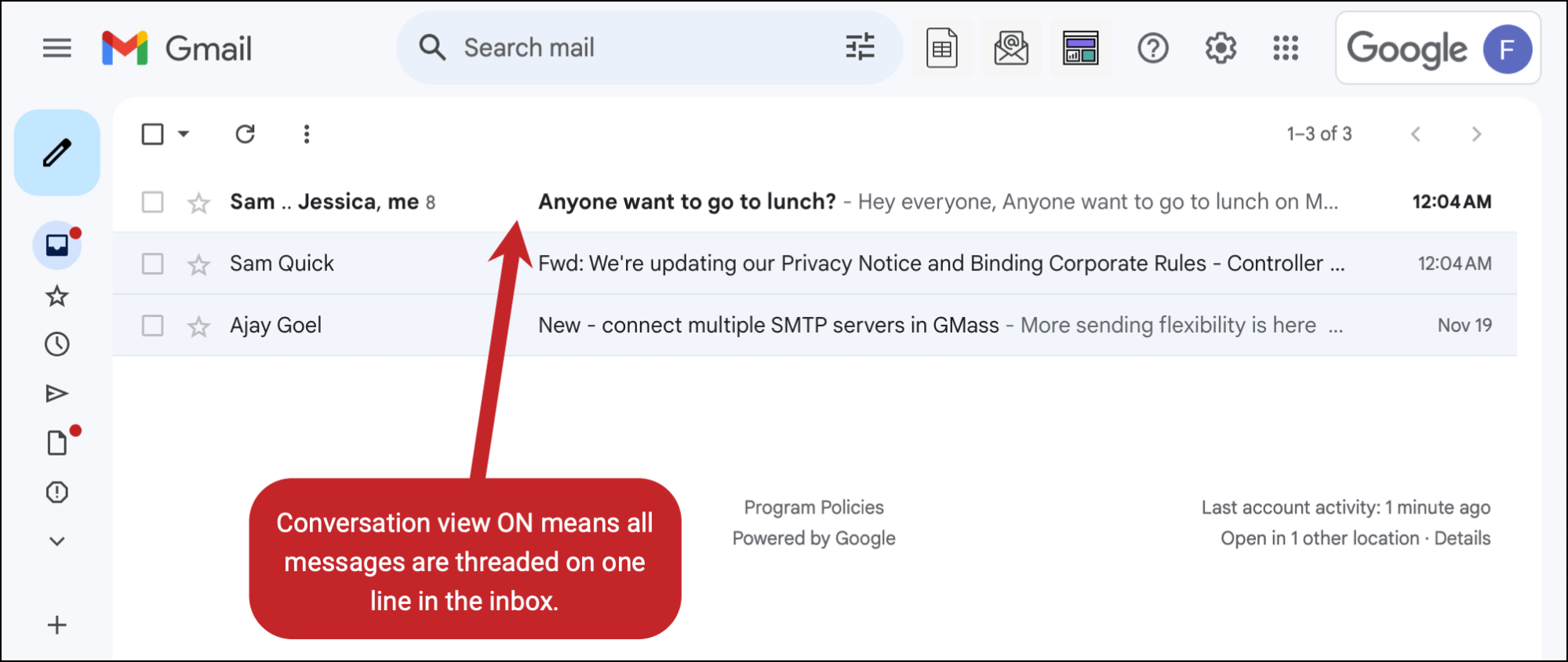 An example of an email thread with Gmail conversation view on
