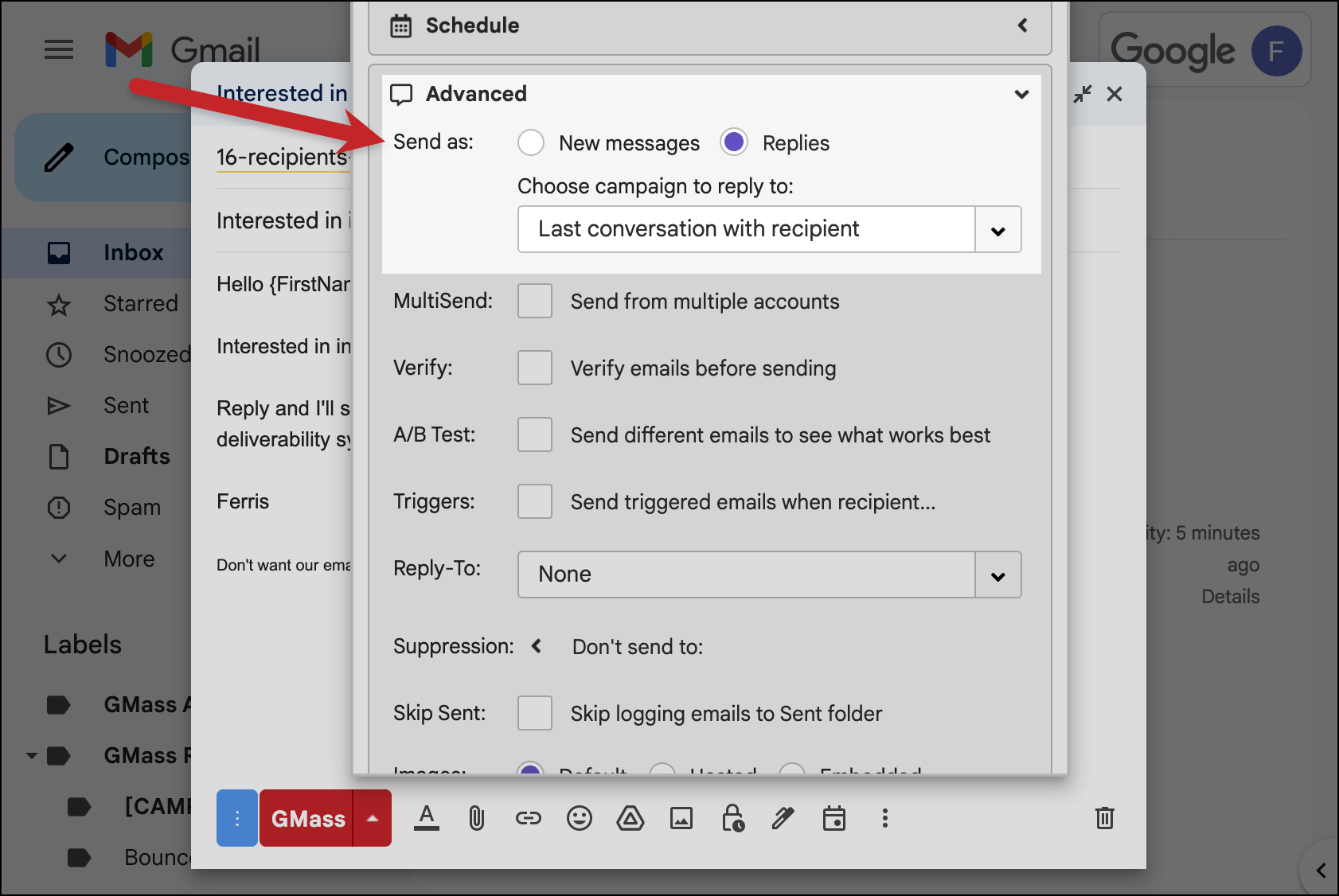 GMass's innovative send as replies feature