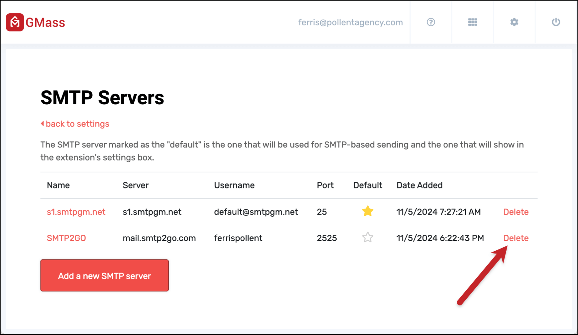 You can delete a server from this screen