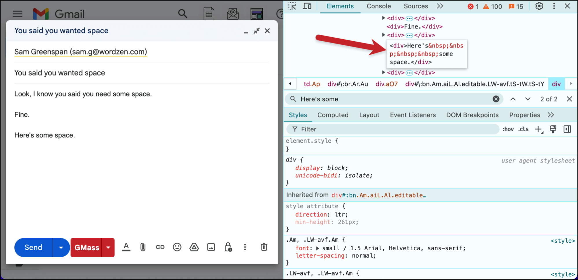 Adding my HTML spaces to Gmail inside the inspect console