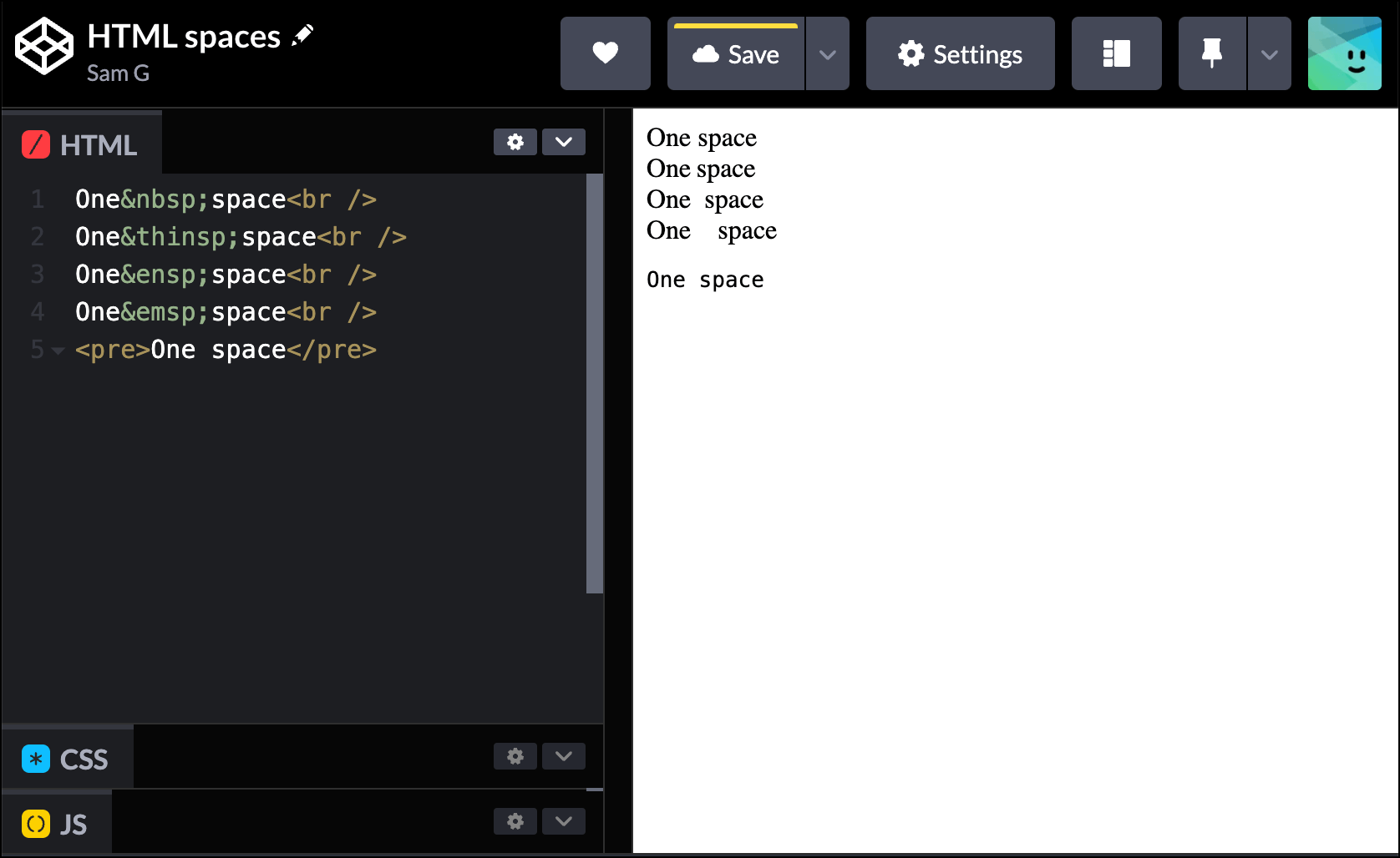 All of the HTML space options together