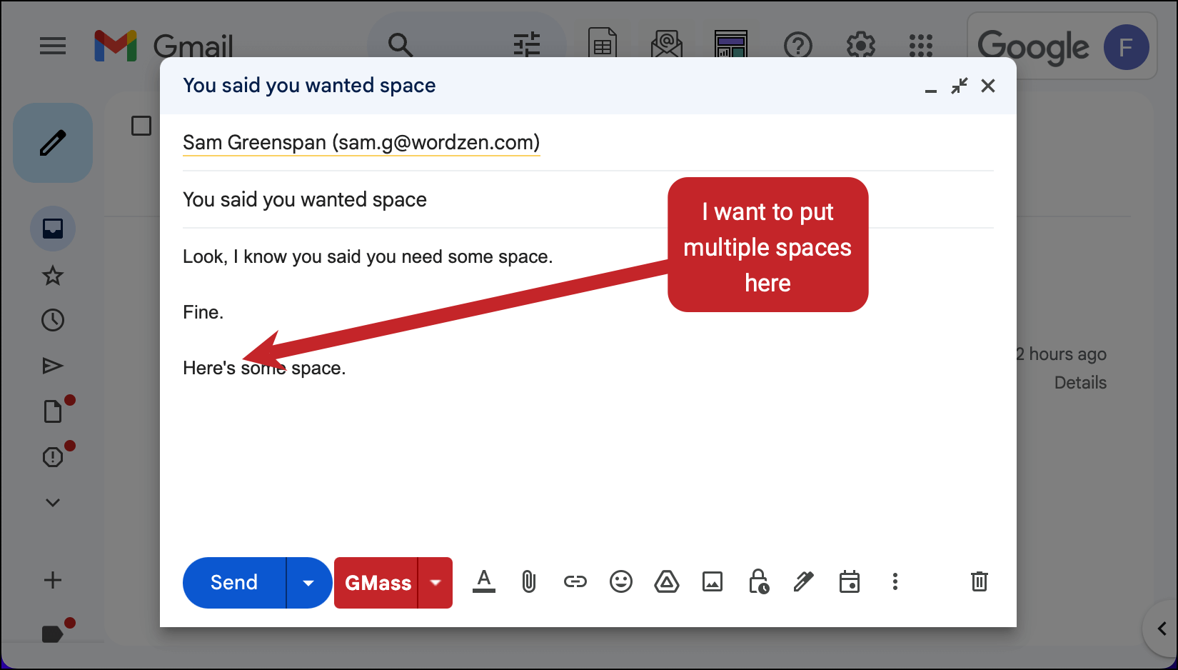 Where I want to add spaces in my email