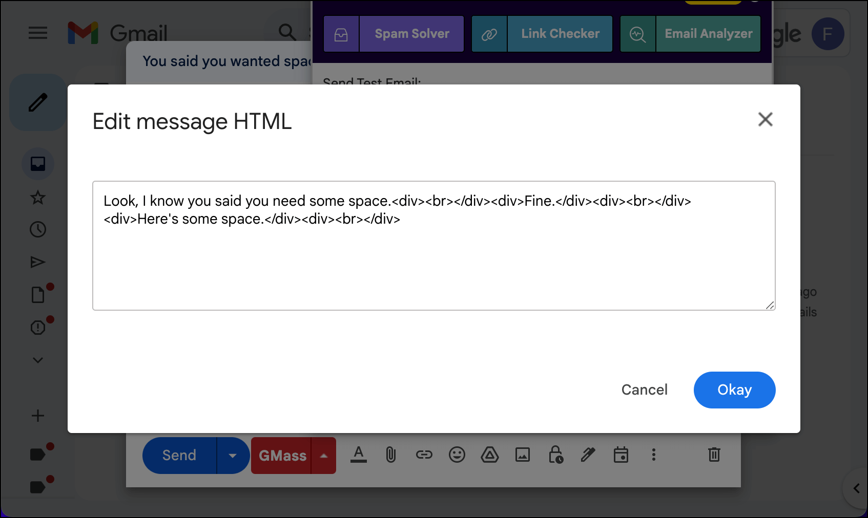 Editing HTML in GMass is much easier