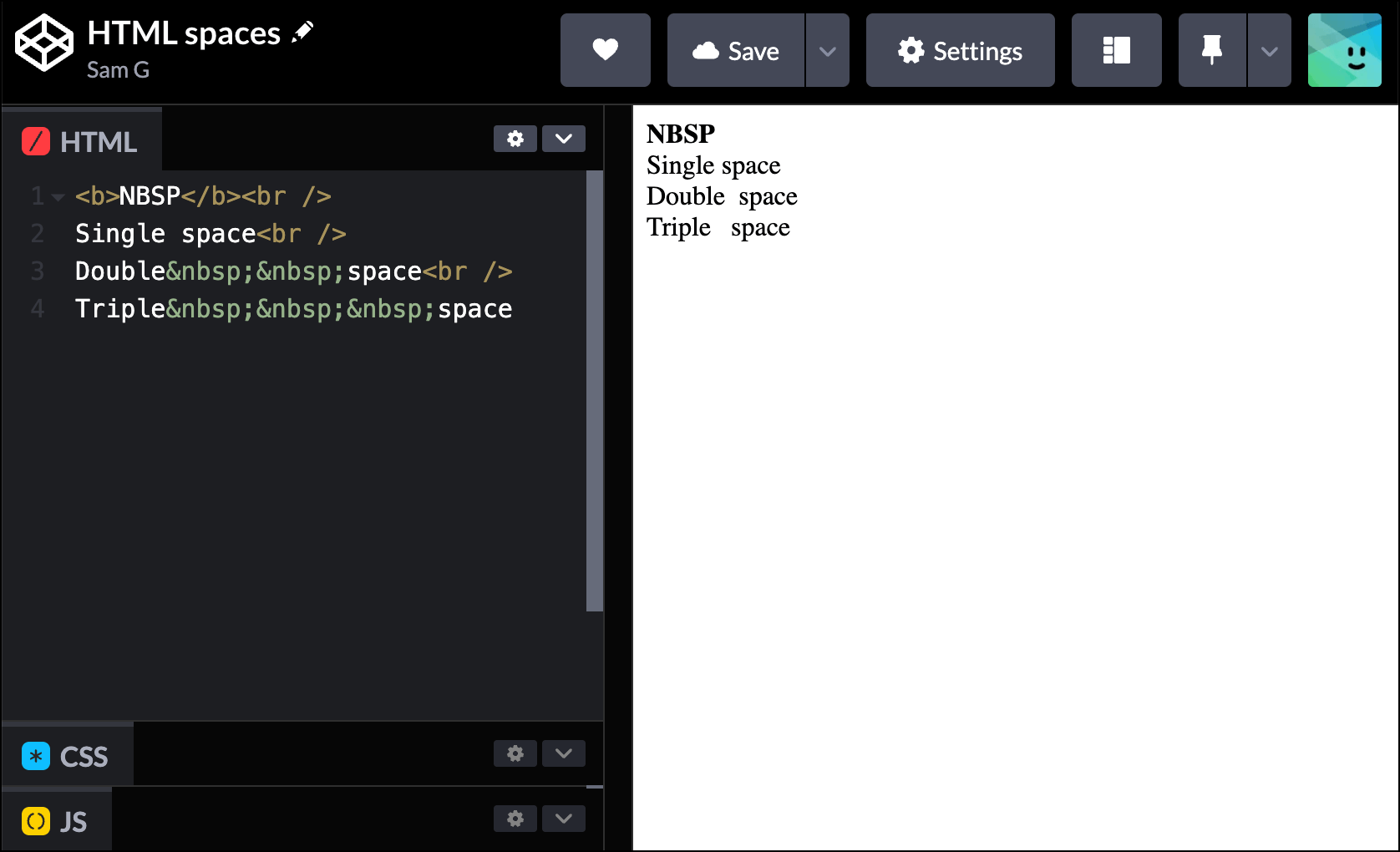 Using nbsp for a HTML space