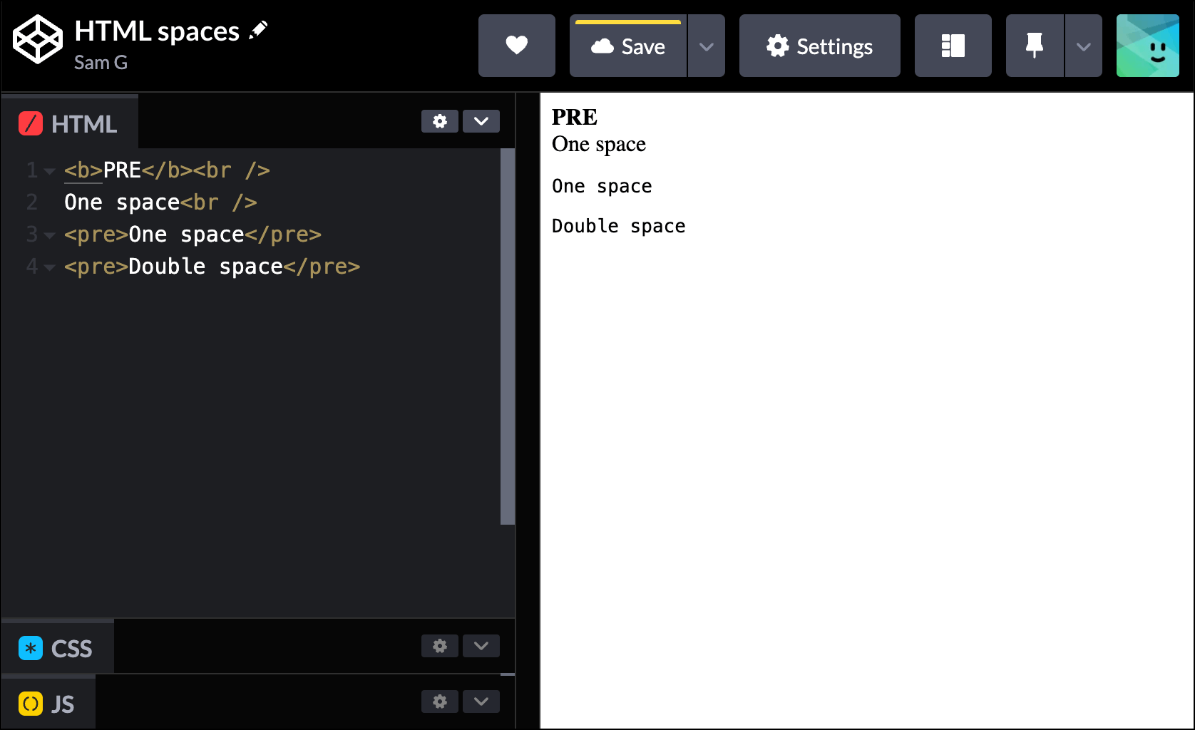 Using preformatted text for spaces