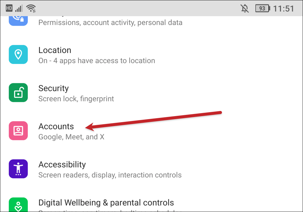 Tap on Account in the Android settings