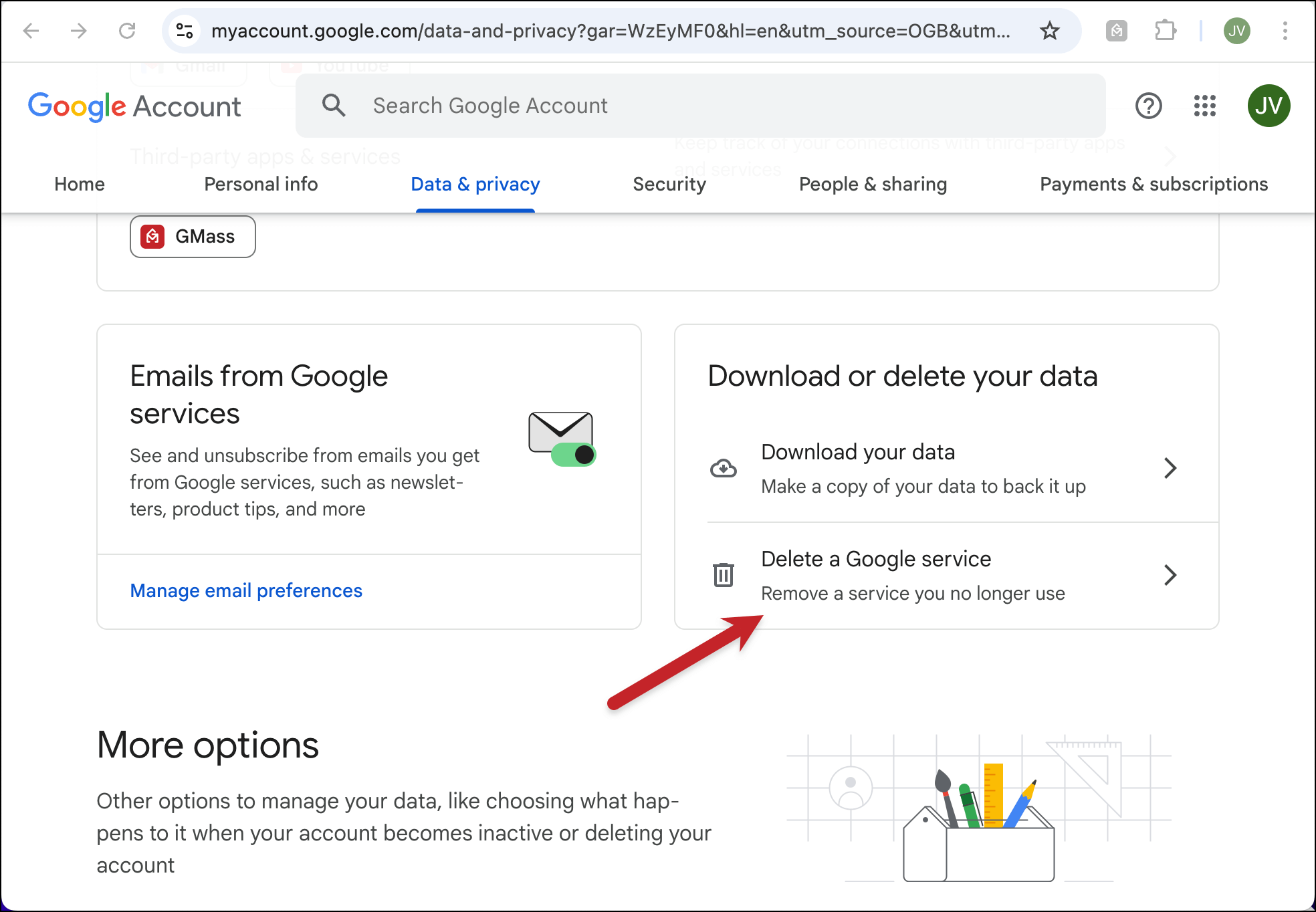 Click on Delete a Google service