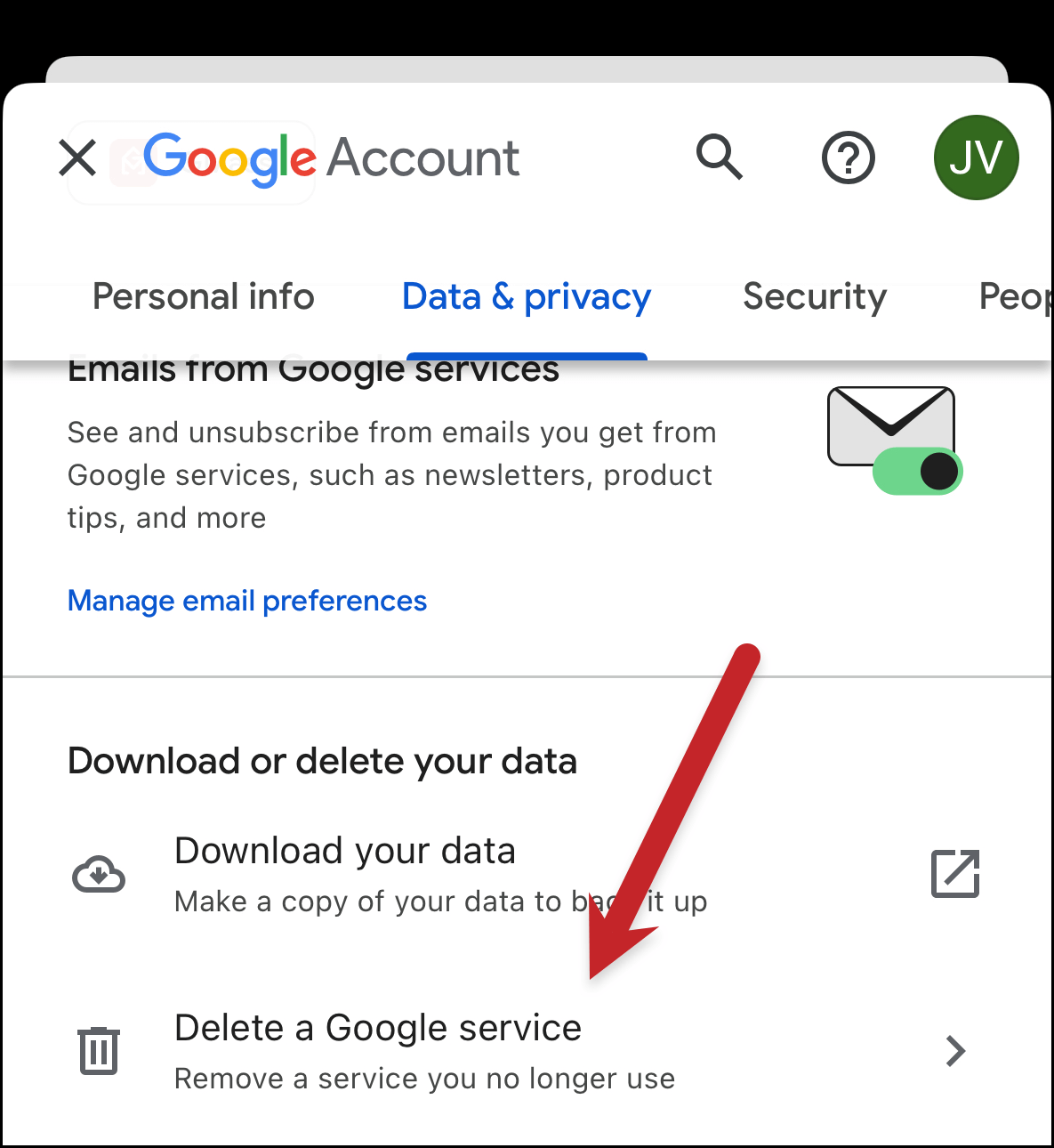 Tap on Delete a Google service