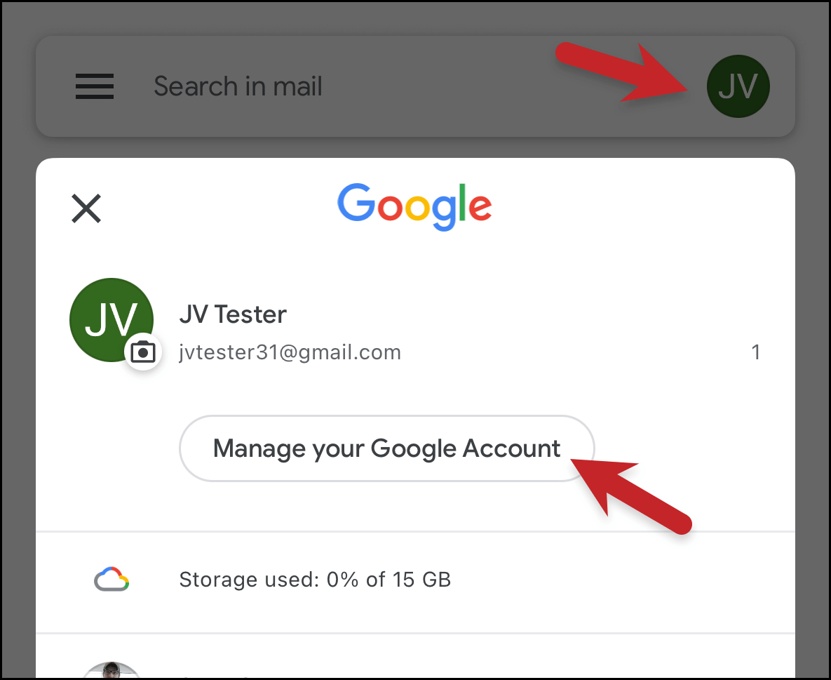 Tap your profile picture then manage your google account