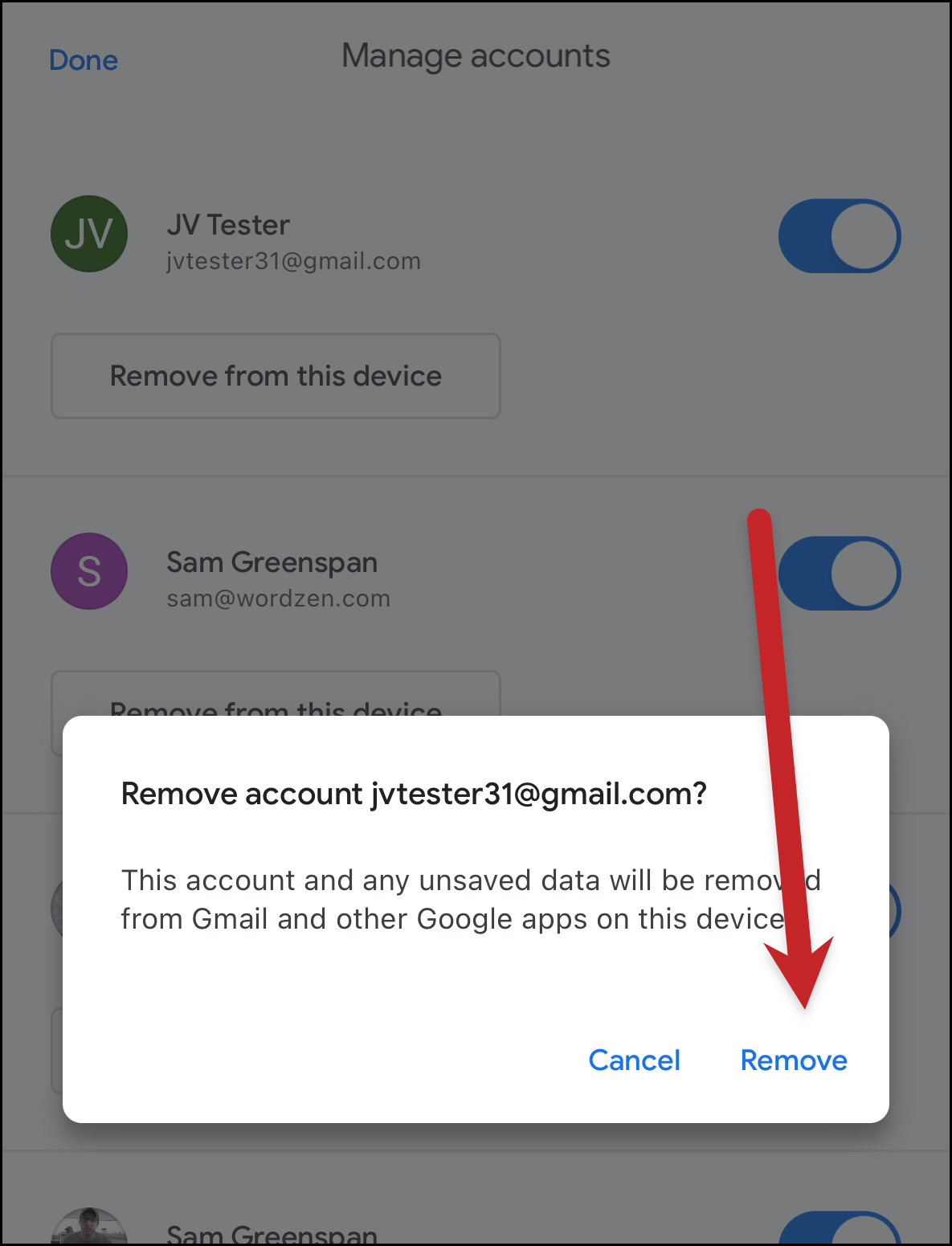 Confirm you want to remove the account