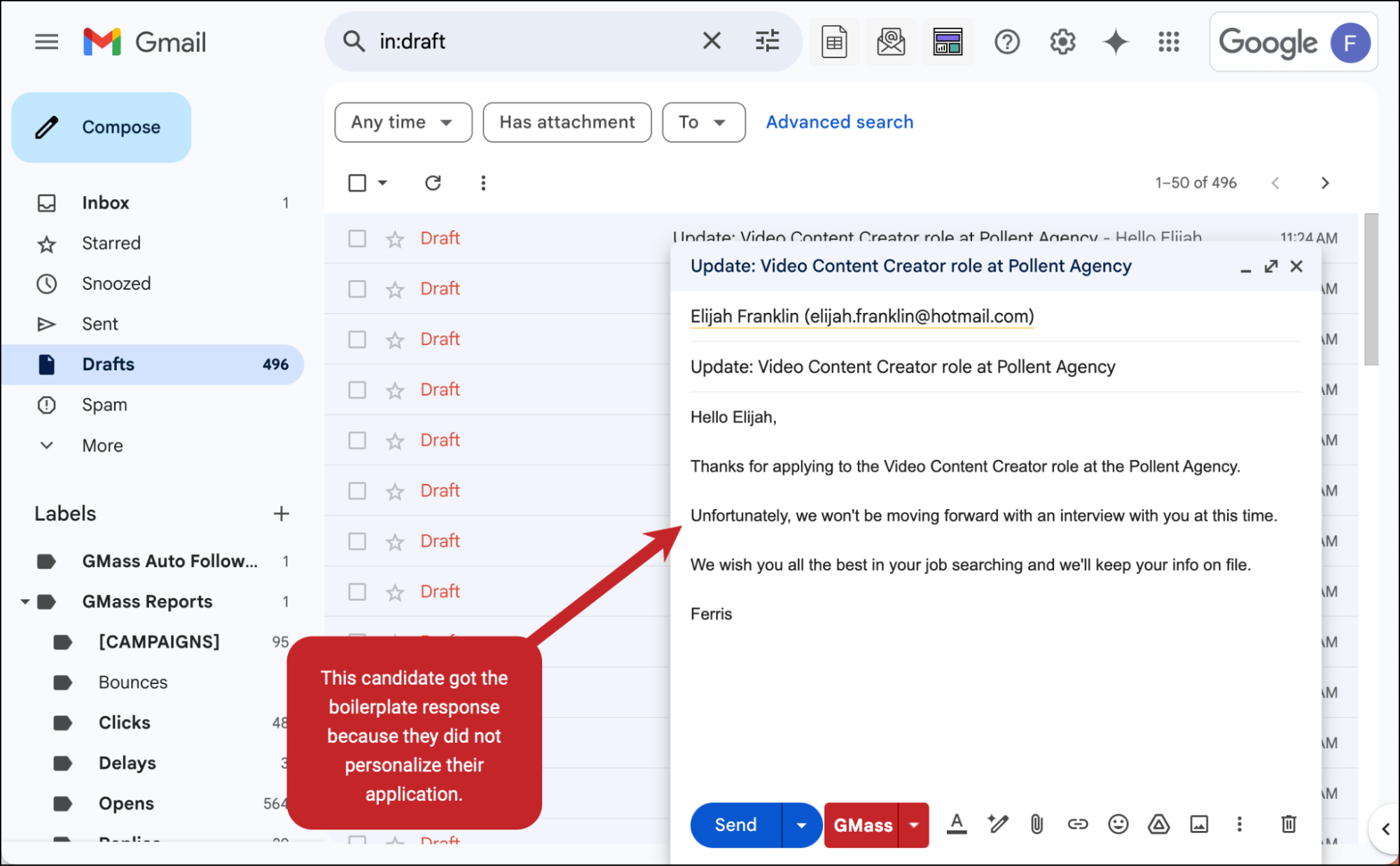 Spot check an email with a boilerplate job candidate rejection email reason
