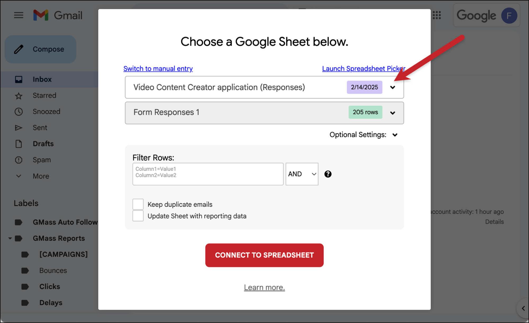 Choose your Google Sheet of candidates