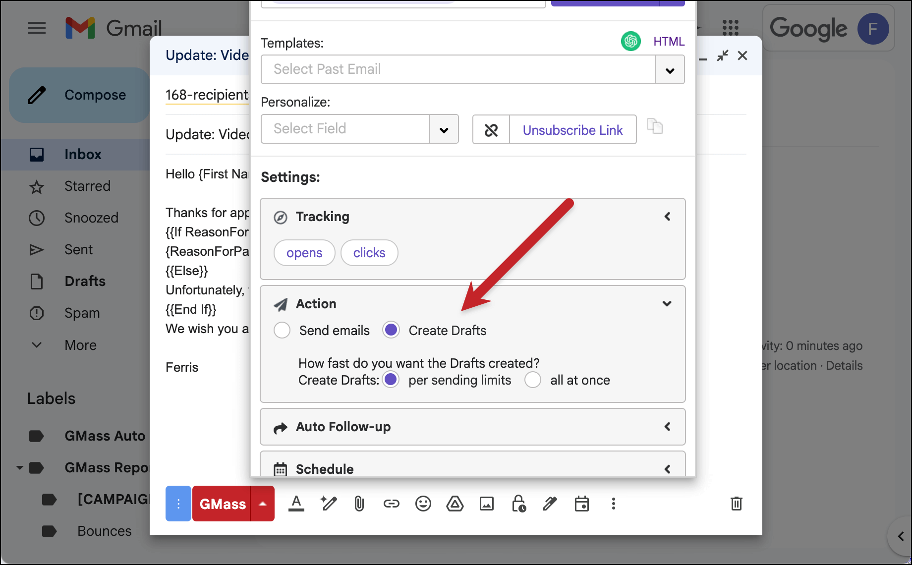 Create drafts of your emails to check the mail merge