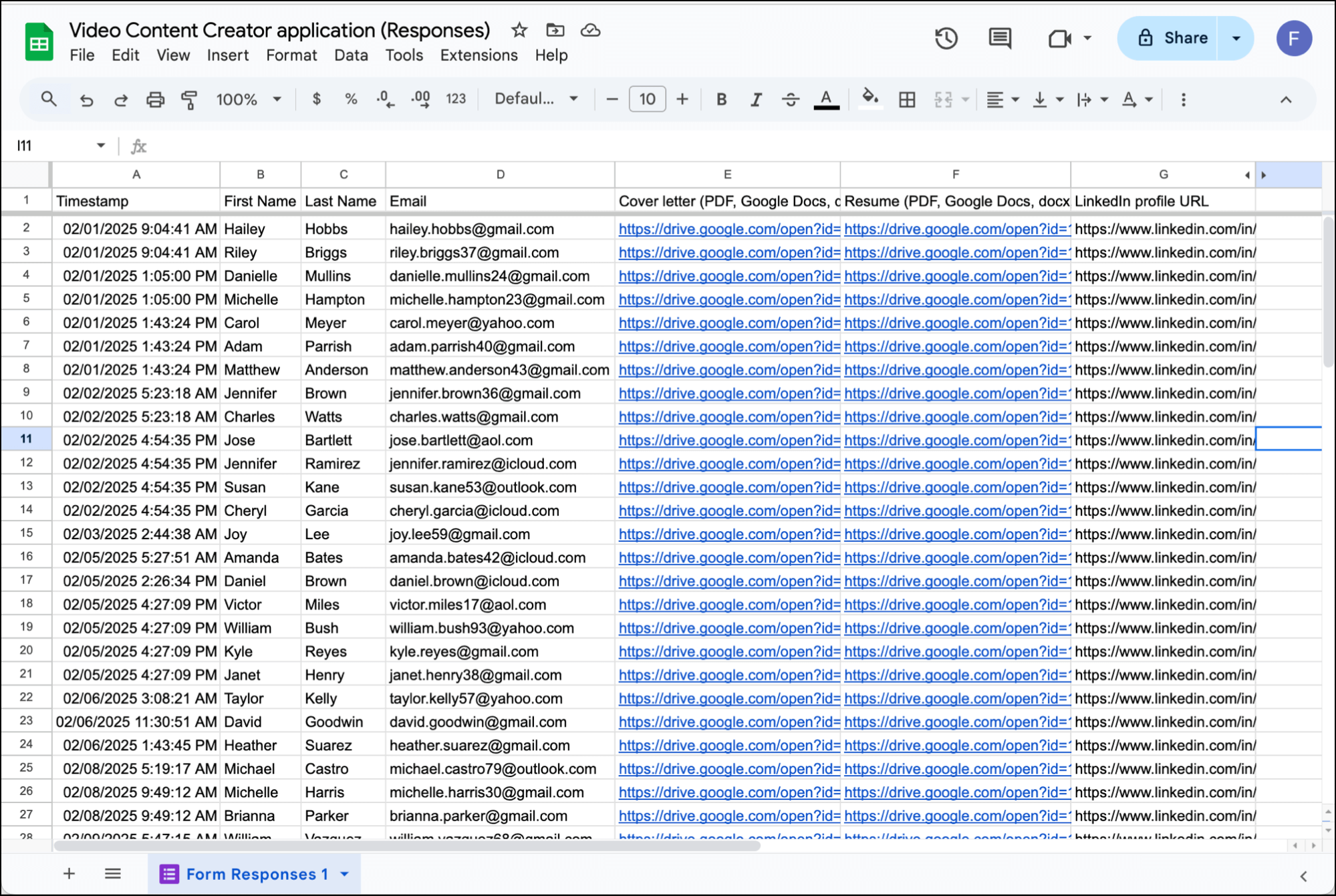 Getting candidates into a Google Sheet