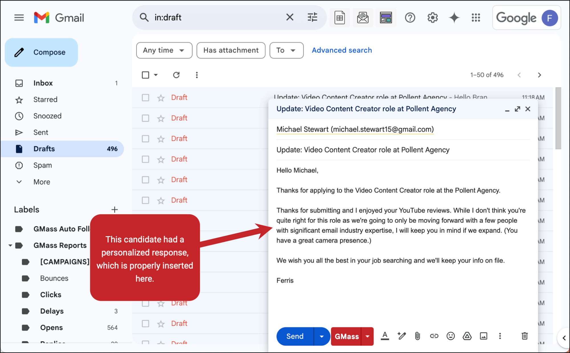 Spot check an email with a personalized job candidate rejection email reason